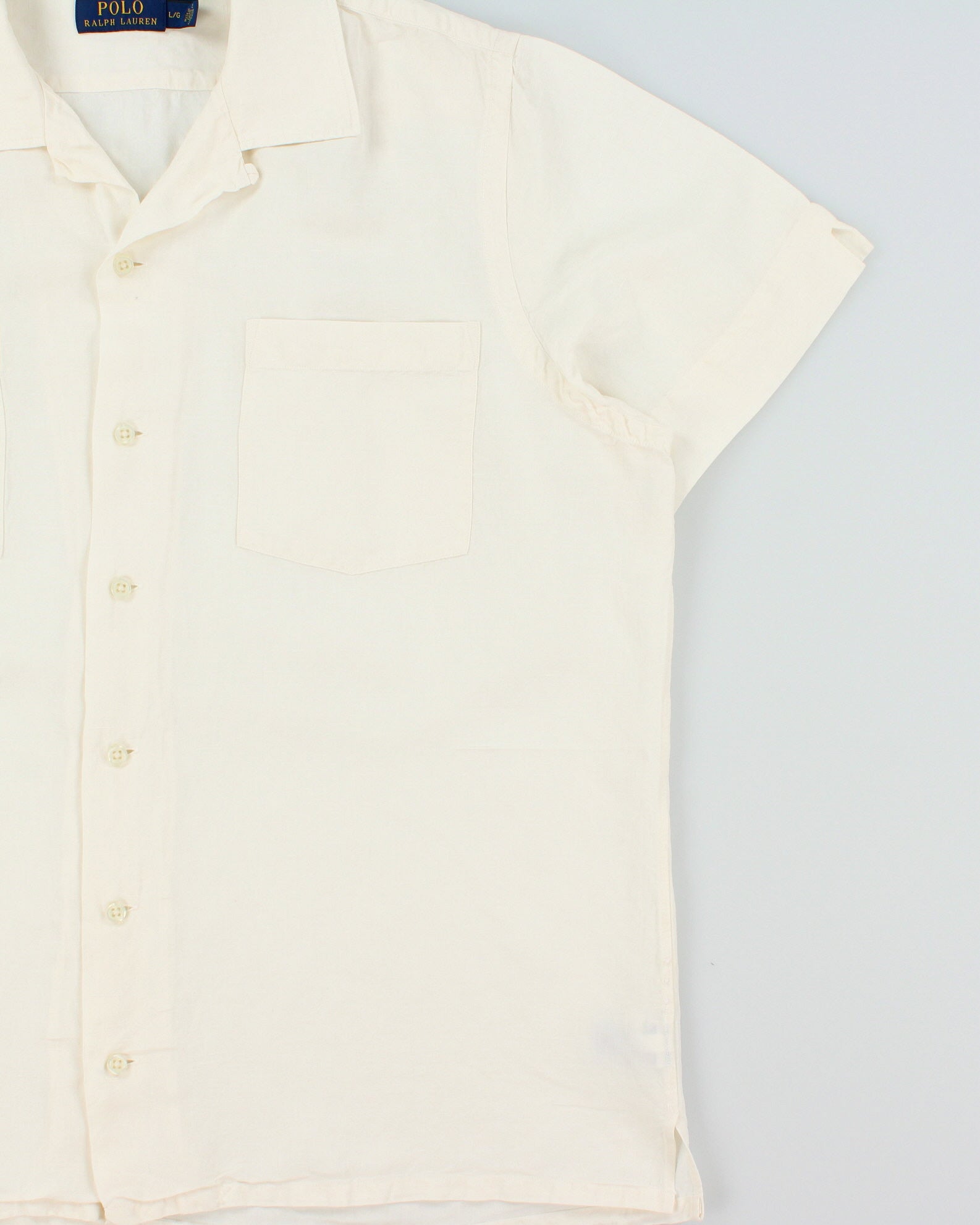 Vintage Polo Ralph Lauren Cream Ocean Wash Linen Relaxed Fit Short Sleeve Cuban Collar Shirt - L
