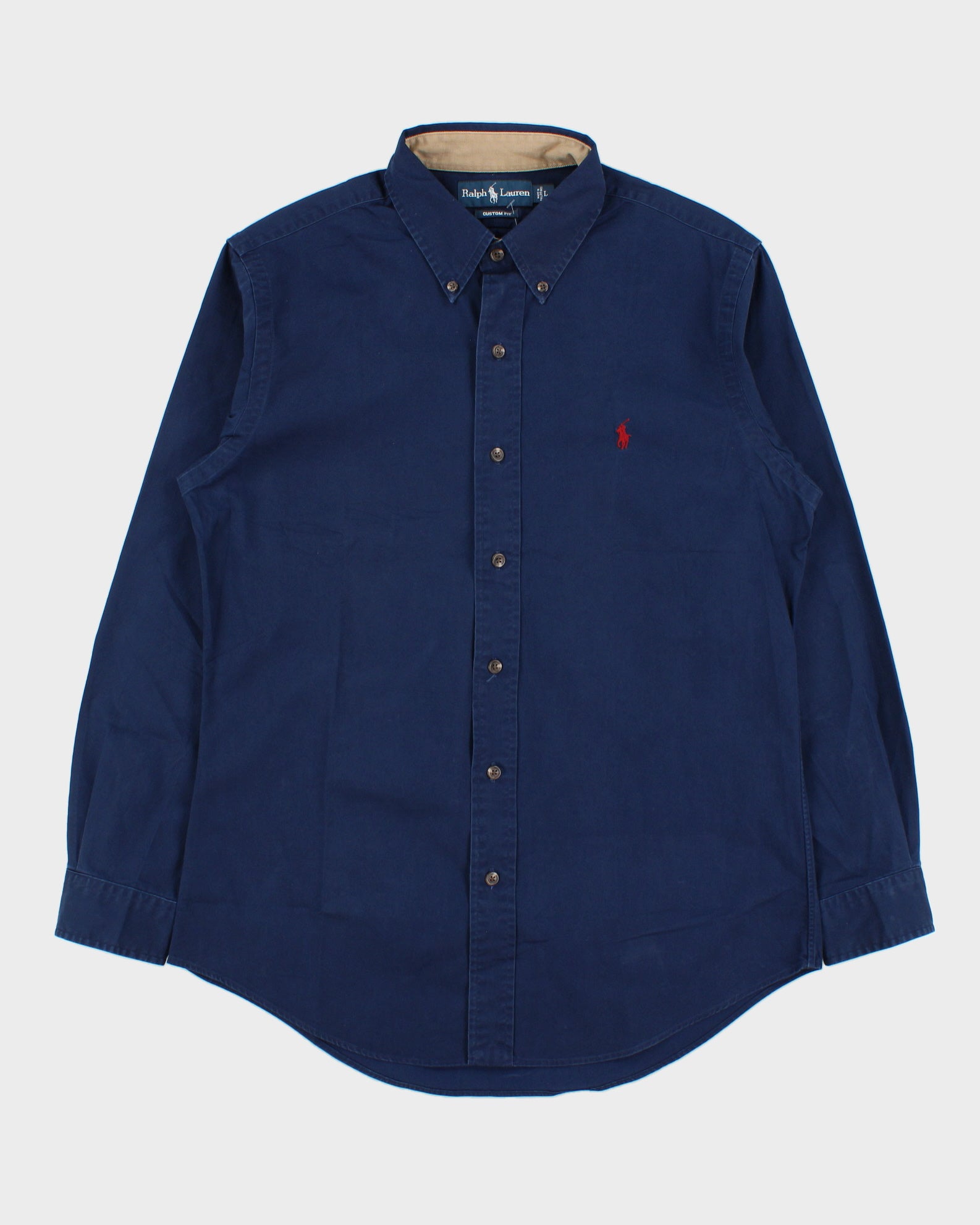 Vintage Y2K 00s Ralph Lauren Midnight Blue Suede Patch Custom Fit Long Sleeve Shirt - L