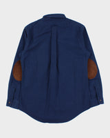 Vintage Y2K 00s Ralph Lauren Midnight Blue Suede Patch Custom Fit Long Sleeve Shirt - L