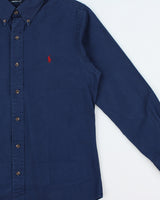 Vintage Y2K 00s Ralph Lauren Midnight Blue Suede Patch Custom Fit Long Sleeve Shirt - L