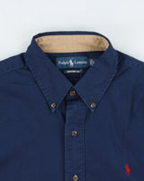 Vintage Y2K 00s Ralph Lauren Midnight Blue Suede Patch Custom Fit Long Sleeve Shirt - L