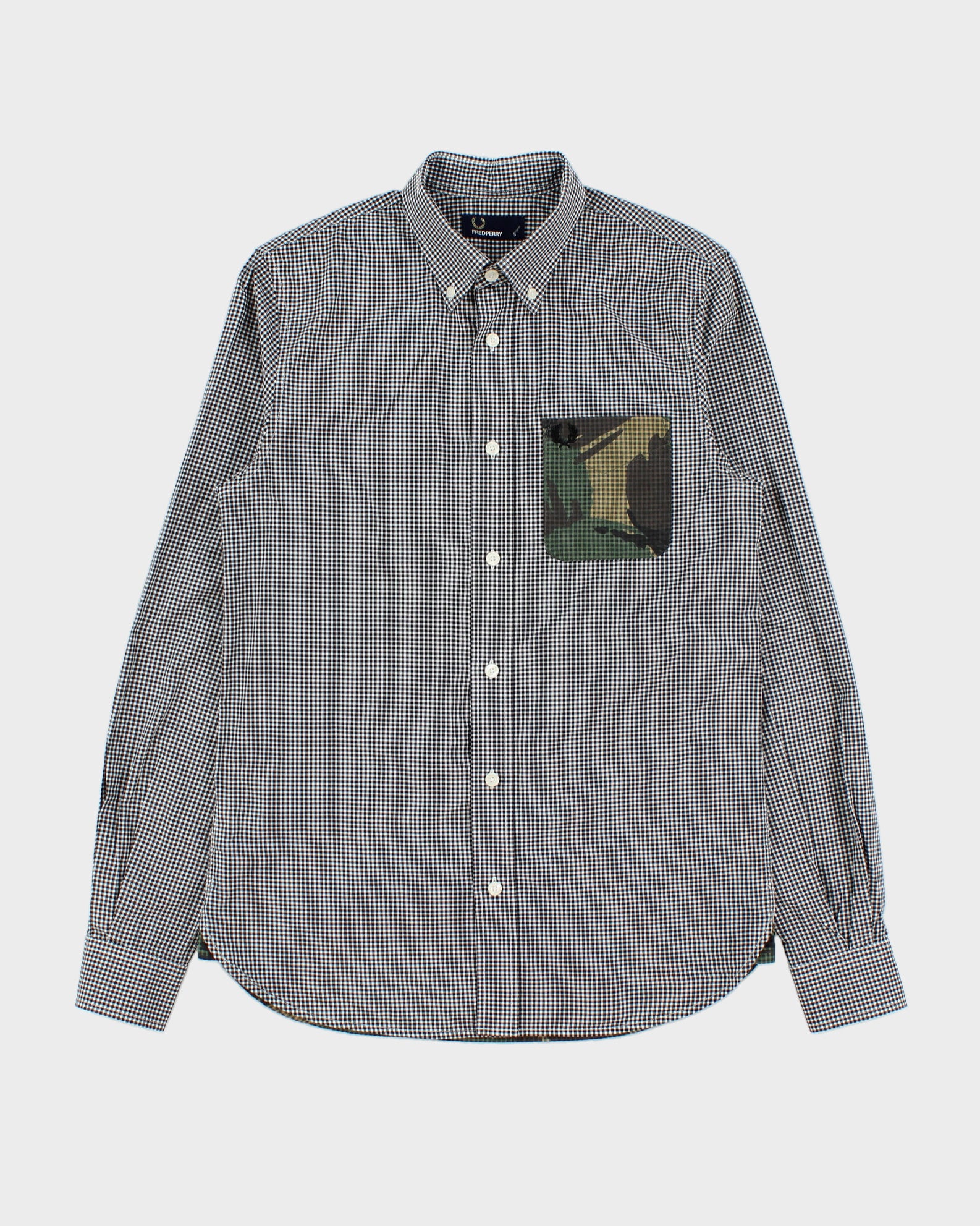 Vintage Fred Perry Gingham Woodland Camo Panel Pocket Long Sleeve Shirt - S