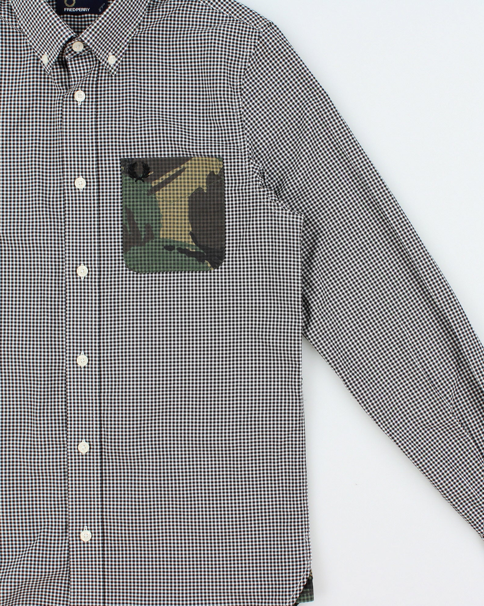 Vintage Fred Perry Gingham Woodland Camo Panel Pocket Long Sleeve Shirt - S