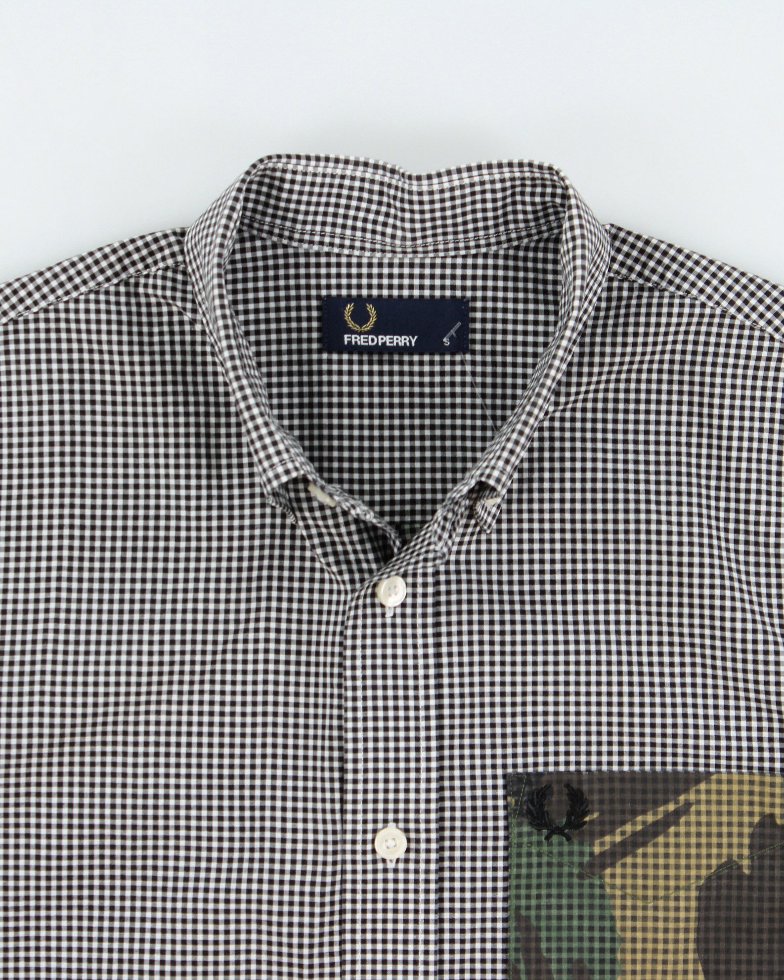 Vintage Fred Perry Gingham Woodland Camo Panel Pocket Long Sleeve Shirt - S