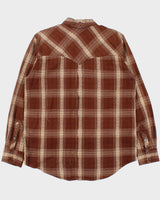 Vintage Y2K 00s Southern Thread Plaid Pearl Snap Button Long Sleeve Frayed Western Shirt - L