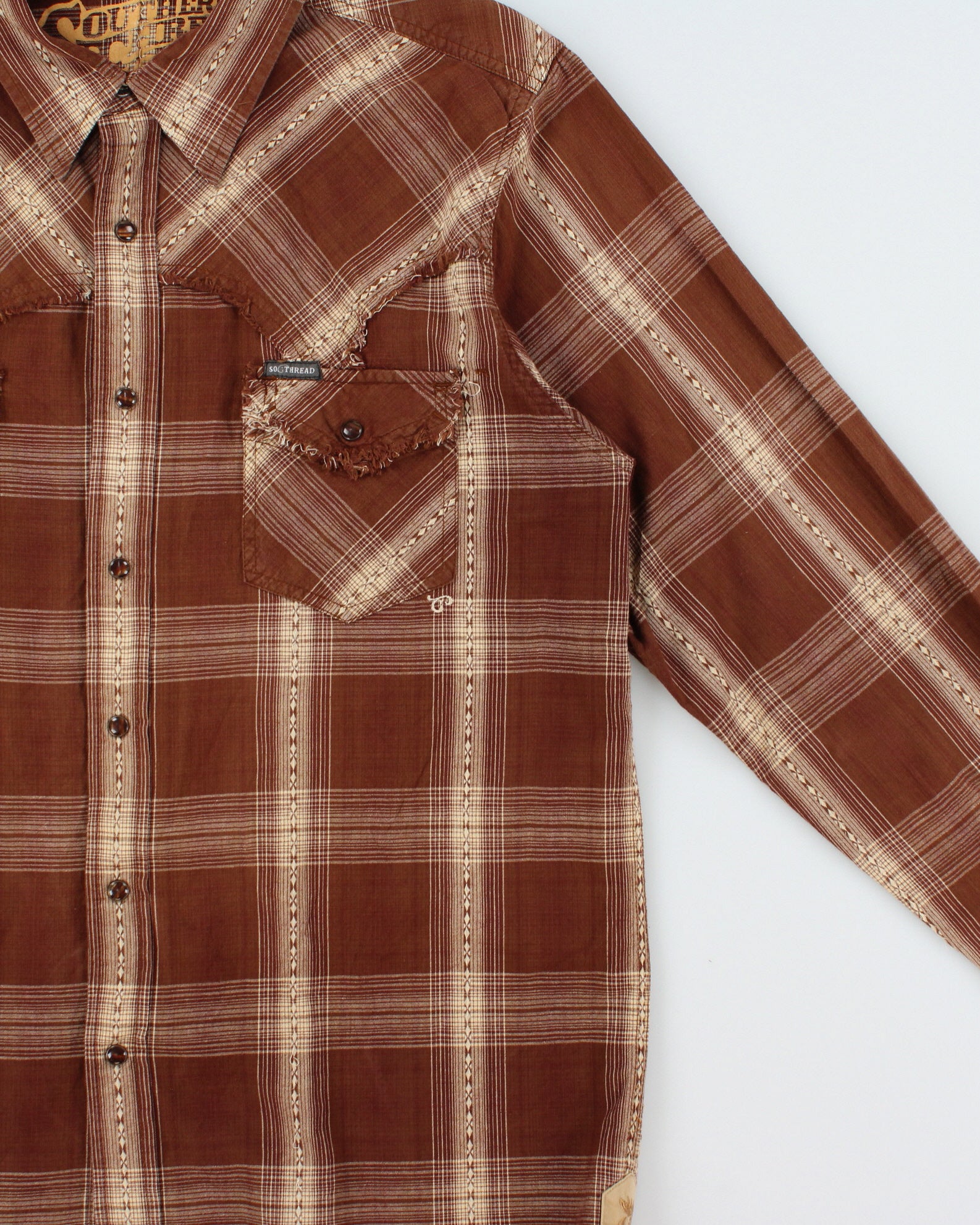 Vintage Y2K 00s Southern Thread Plaid Pearl Snap Button Long Sleeve Frayed Western Shirt - L
