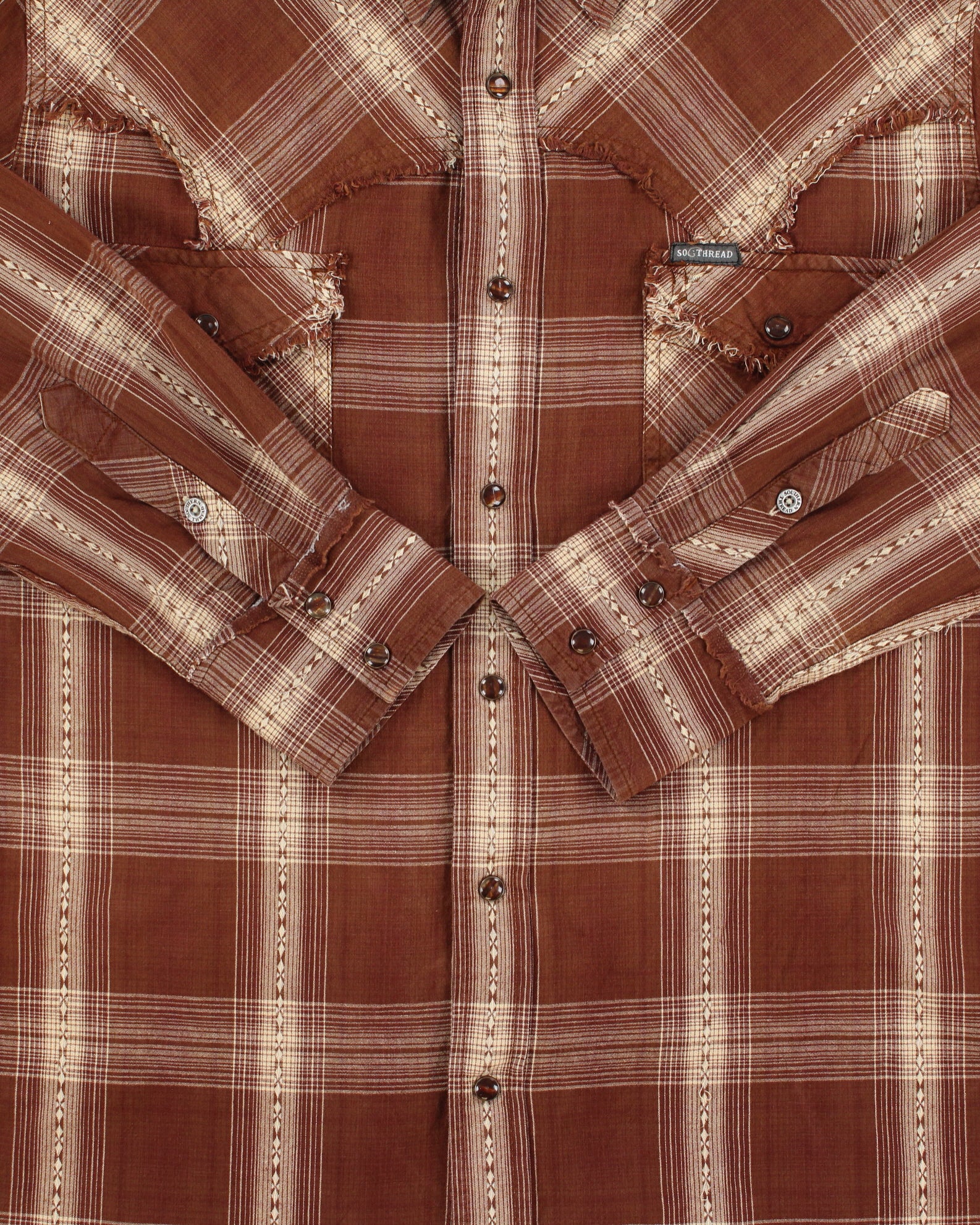 Vintage Y2K 00s Southern Thread Plaid Pearl Snap Button Long Sleeve Frayed Western Shirt - L