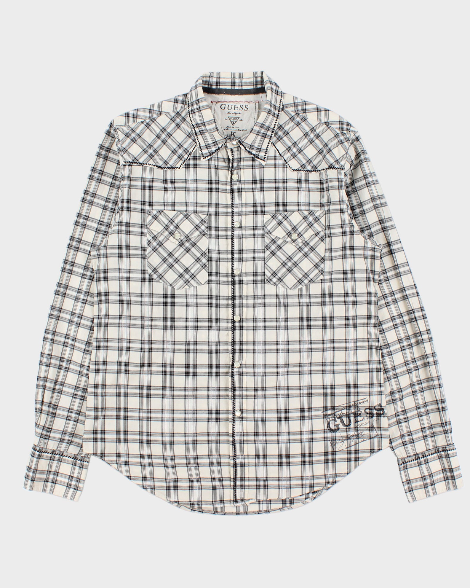 Vintage Y2K 00s Guess Plaid Contrast Stitch Pearl Snap Button Long Sleeve Western Shirt - M