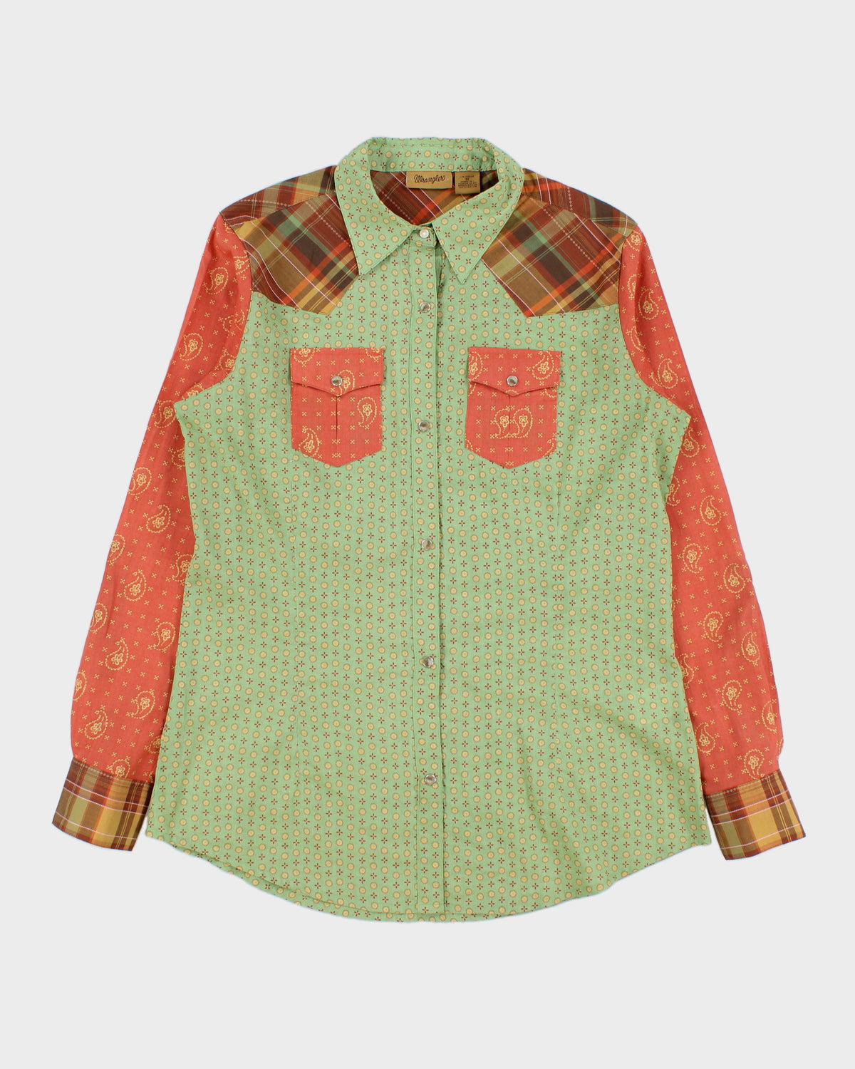 Vintage Wrangler Paisley Plaid Pearl Snap Button Long Sleeve Patterned Western Shirt - M