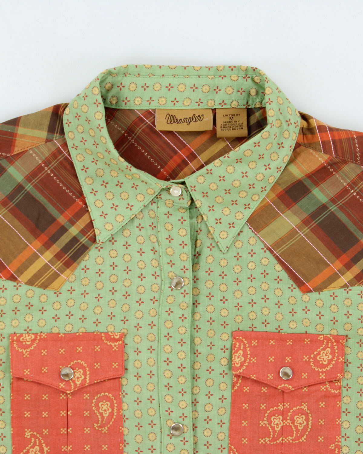 Vintage Wrangler Paisley Plaid Pearl Snap Button Long Sleeve Patterned Western Shirt - M