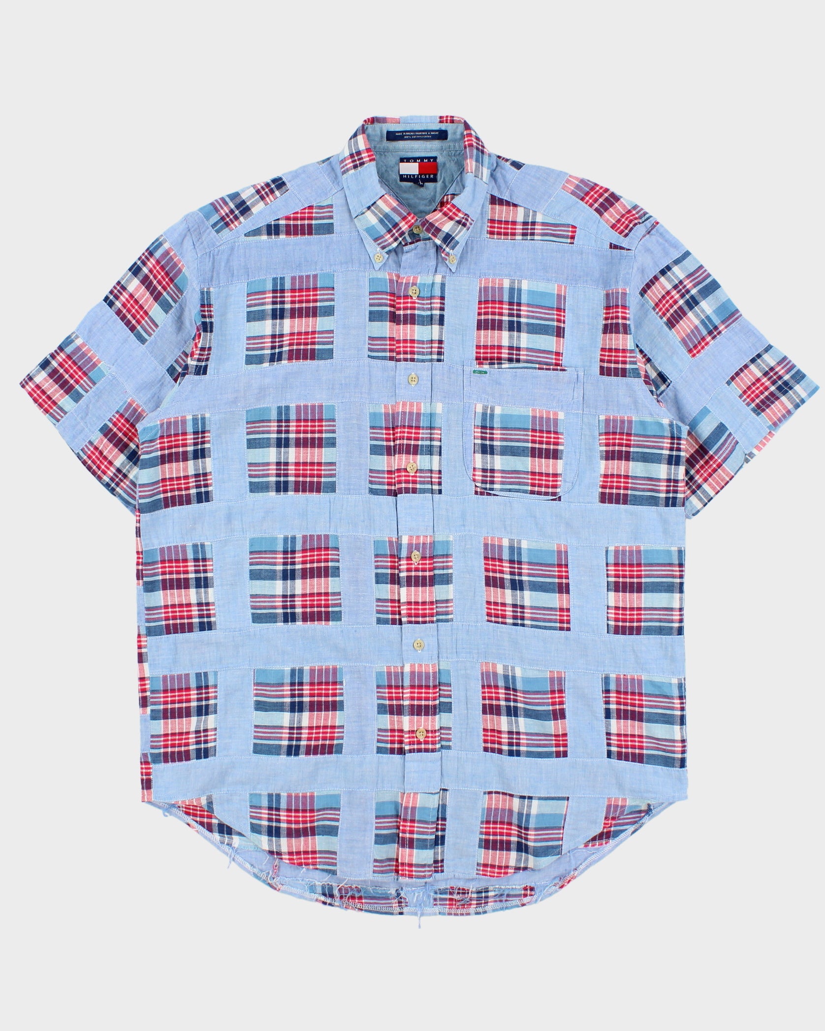 Vintage 1990s Tommy Hilfiger Plaid Patchwork Short Sleeve Chambray Denim Shirt - M