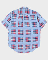 Vintage 1990s Tommy Hilfiger Plaid Patchwork Short Sleeve Chambray Denim Shirt - M