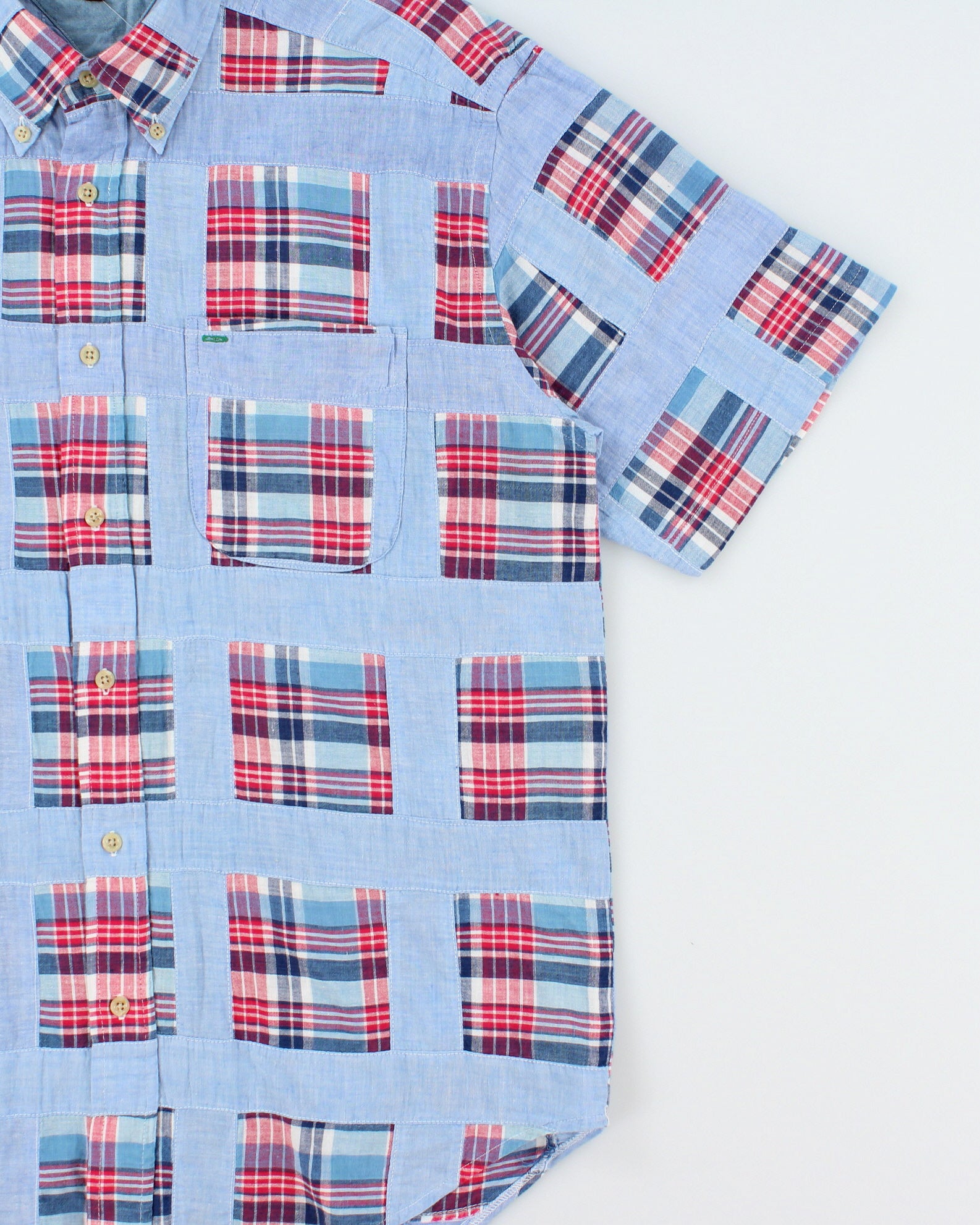 Vintage 1990s Tommy Hilfiger Plaid Patchwork Short Sleeve Chambray Denim Shirt - M