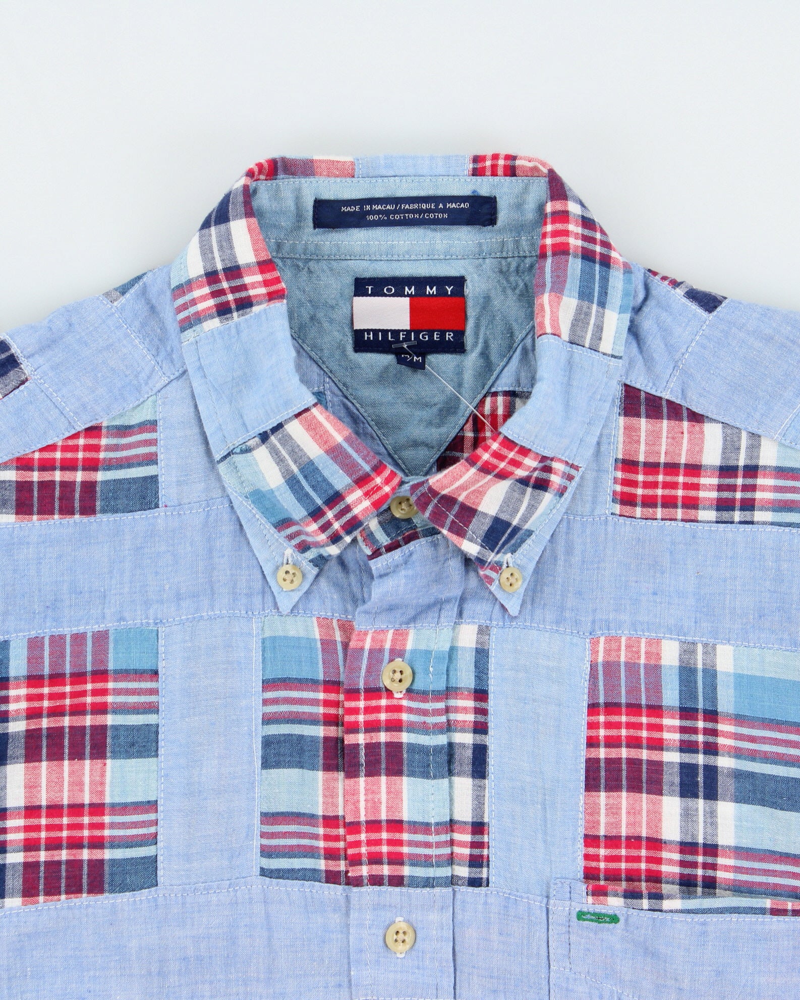 Vintage 1990s Tommy Hilfiger Plaid Patchwork Short Sleeve Chambray Denim Shirt - M