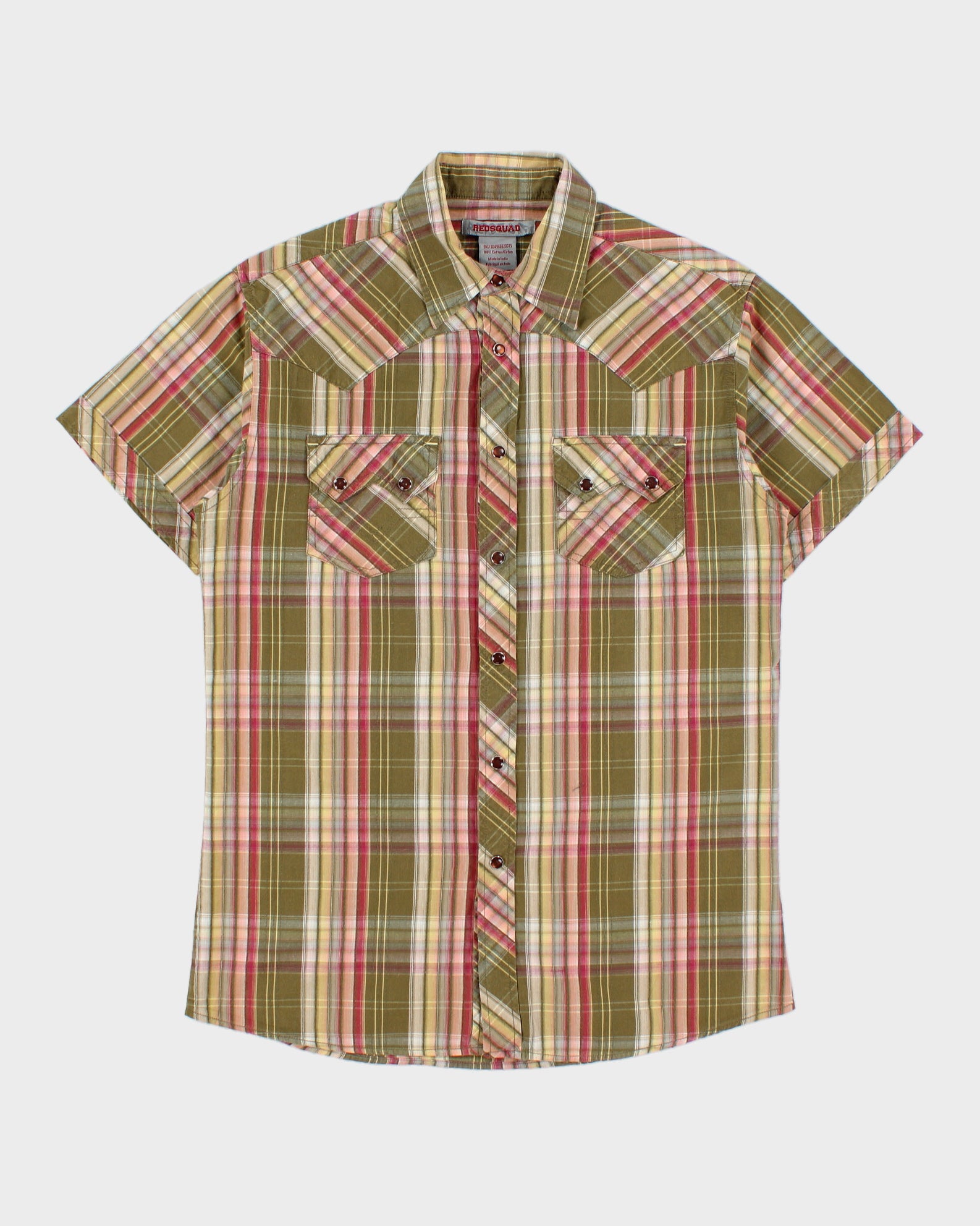 Vintage Y2K 00s Redsquad Khaki Plaid Pearl Snap Button Short Sleeve Western Shirt - S