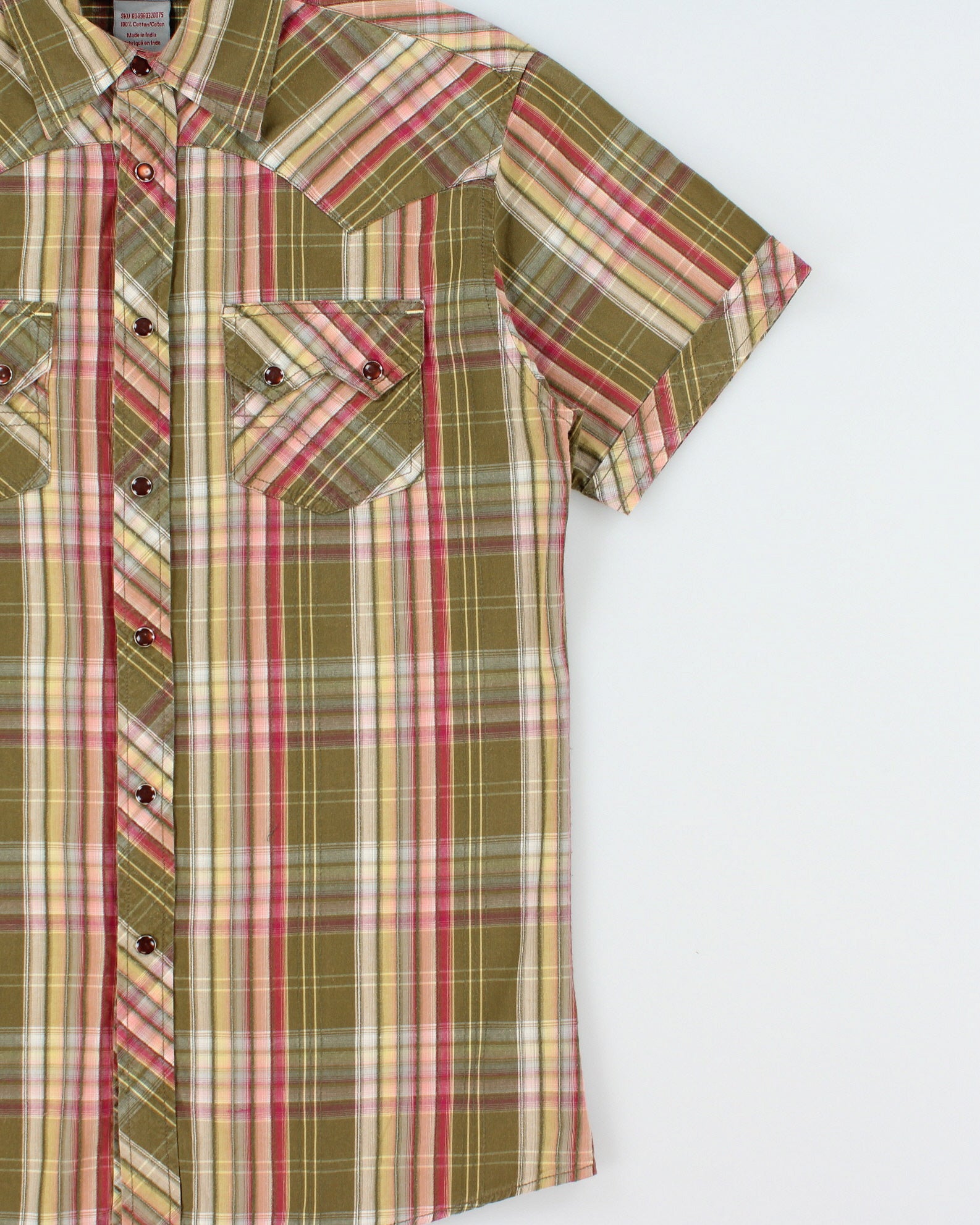 Vintage Y2K 00s Redsquad Khaki Plaid Pearl Snap Button Short Sleeve Western Shirt - S