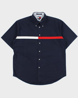 Vintage 1990s Tommy Hilfiger Navy Classic Strip Logo Relaxed Fit Short Sleeve Shirt - L