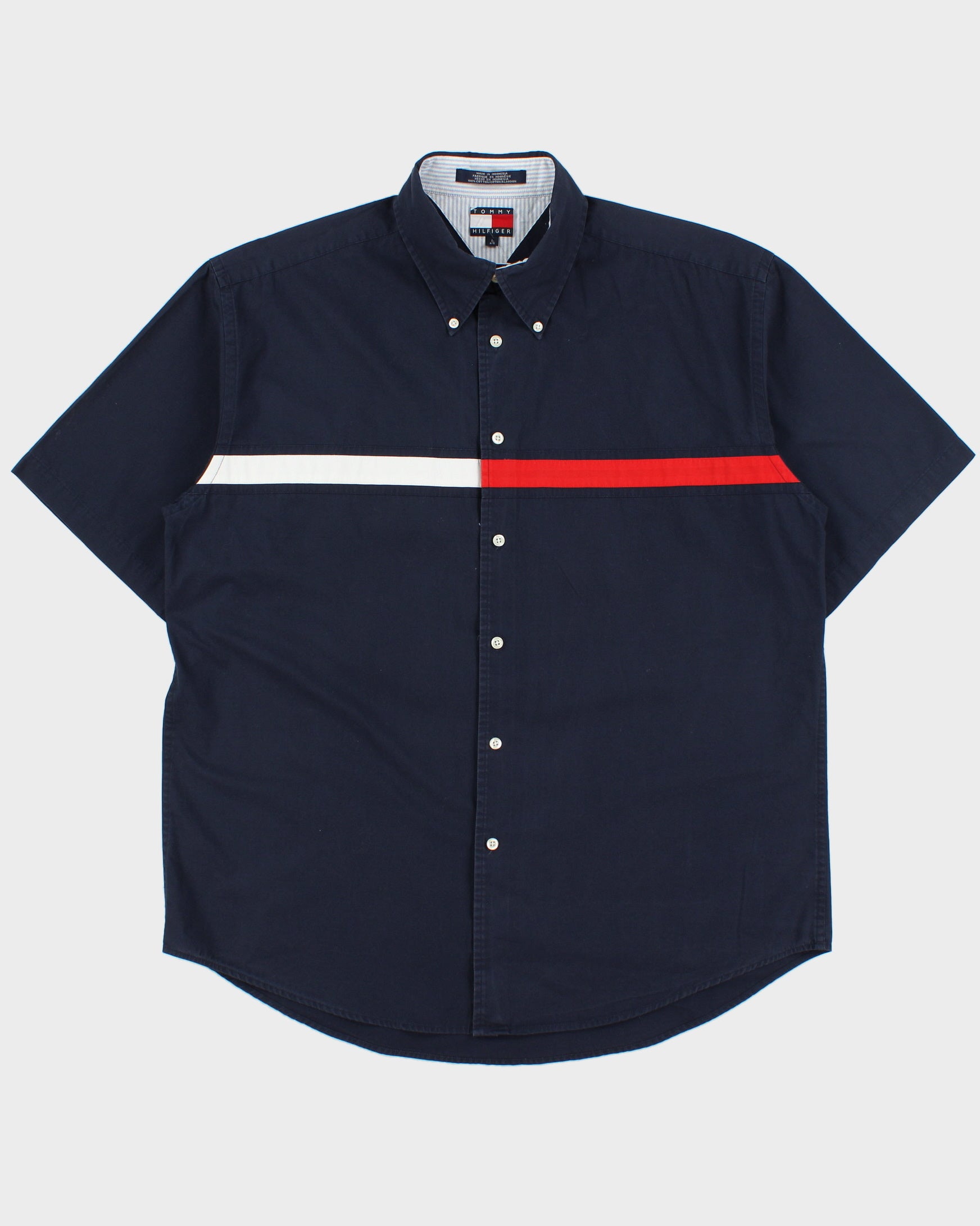 Vintage 1990s Tommy Hilfiger Navy Classic Strip Logo Relaxed Fit Short Sleeve Shirt - L