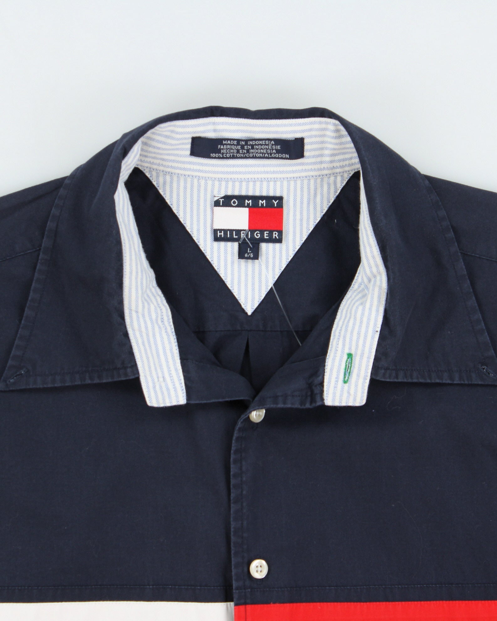 Vintage 1990s Tommy Hilfiger Navy Classic Strip Logo Relaxed Fit Short Sleeve Shirt - L
