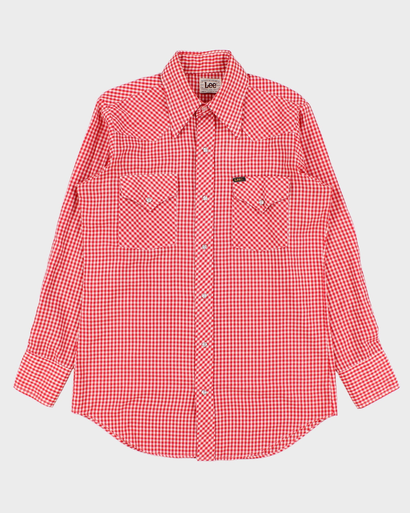 Vintage 1970s Lee Gingham Pearl Snap Button Extra Long Tails Made In Canada Long Sleeve Western Shirt - L