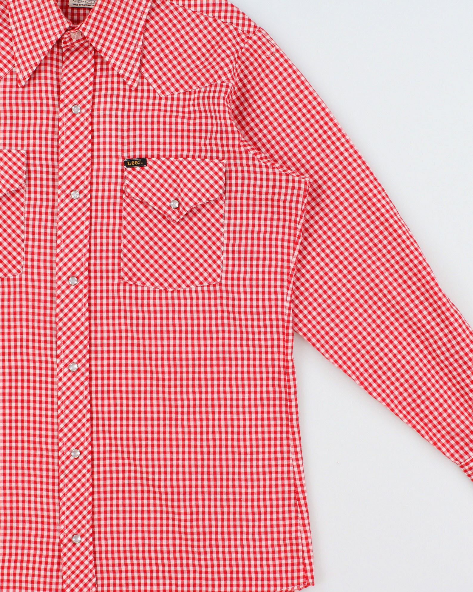 Vintage 1970s Lee Gingham Pearl Snap Button Extra Long Tails Made In Canada Long Sleeve Western Shirt - L
