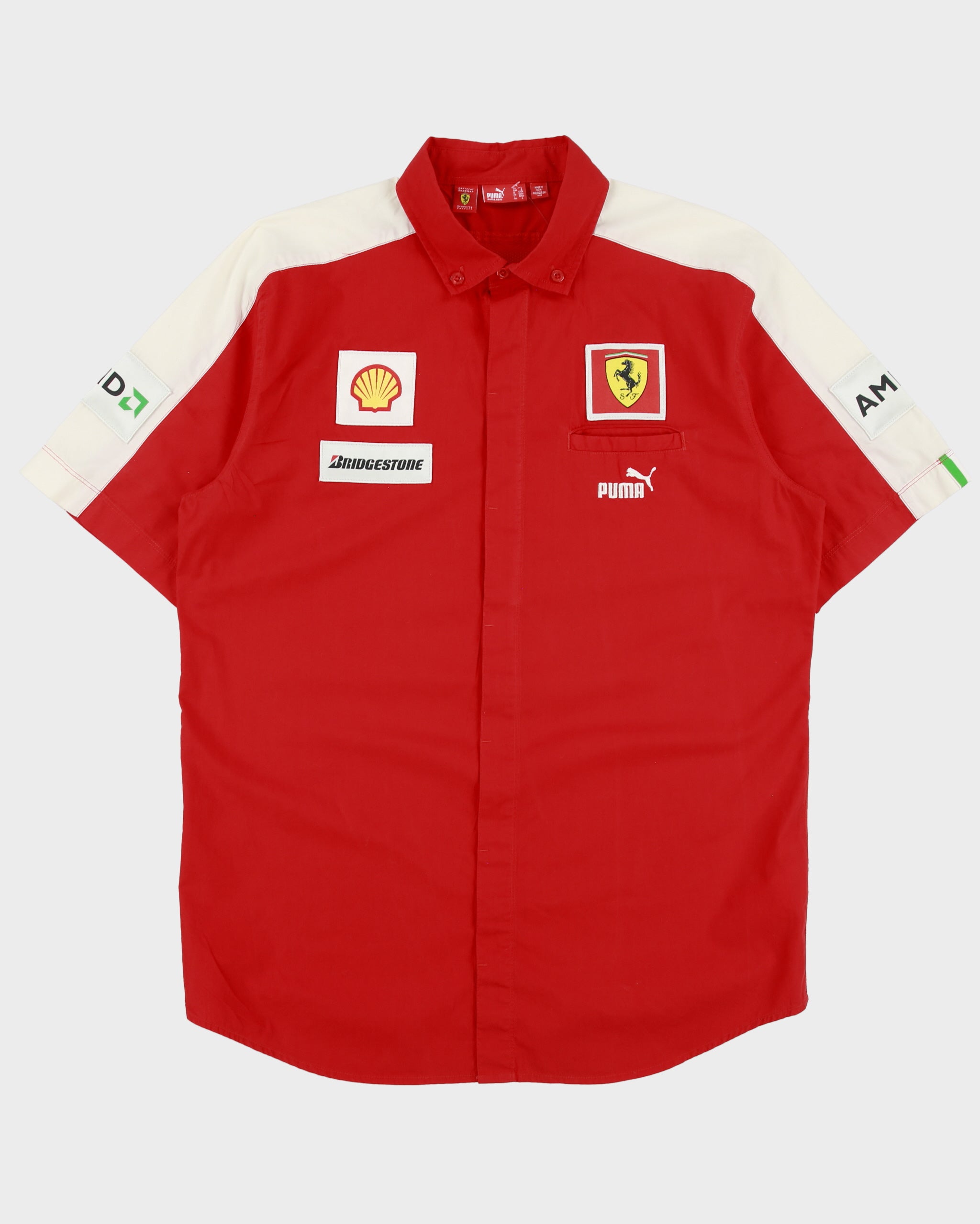 Vintage Puma Ferrari F1 Racing Embroidered Patch Short Sleeve Pit Crew Shirt - L