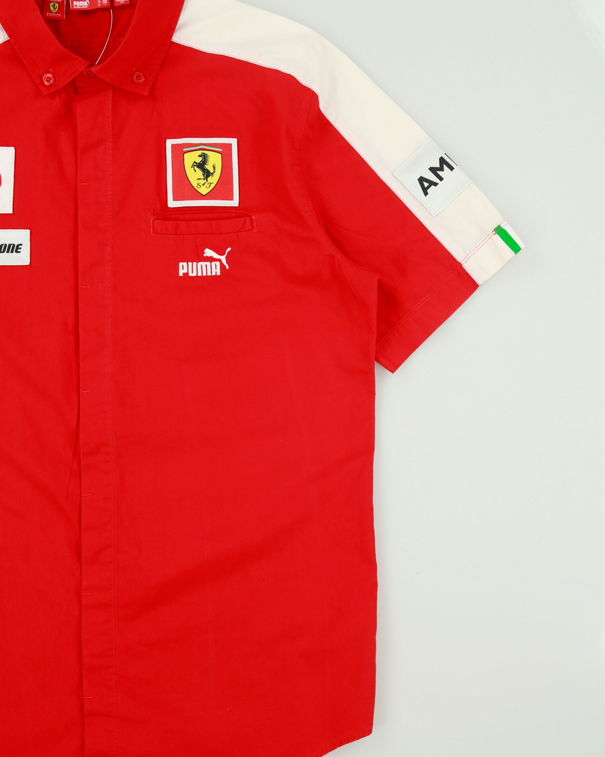 Vintage Puma Ferrari F1 Racing Embroidered Patch Short Sleeve Pit Crew Shirt - L