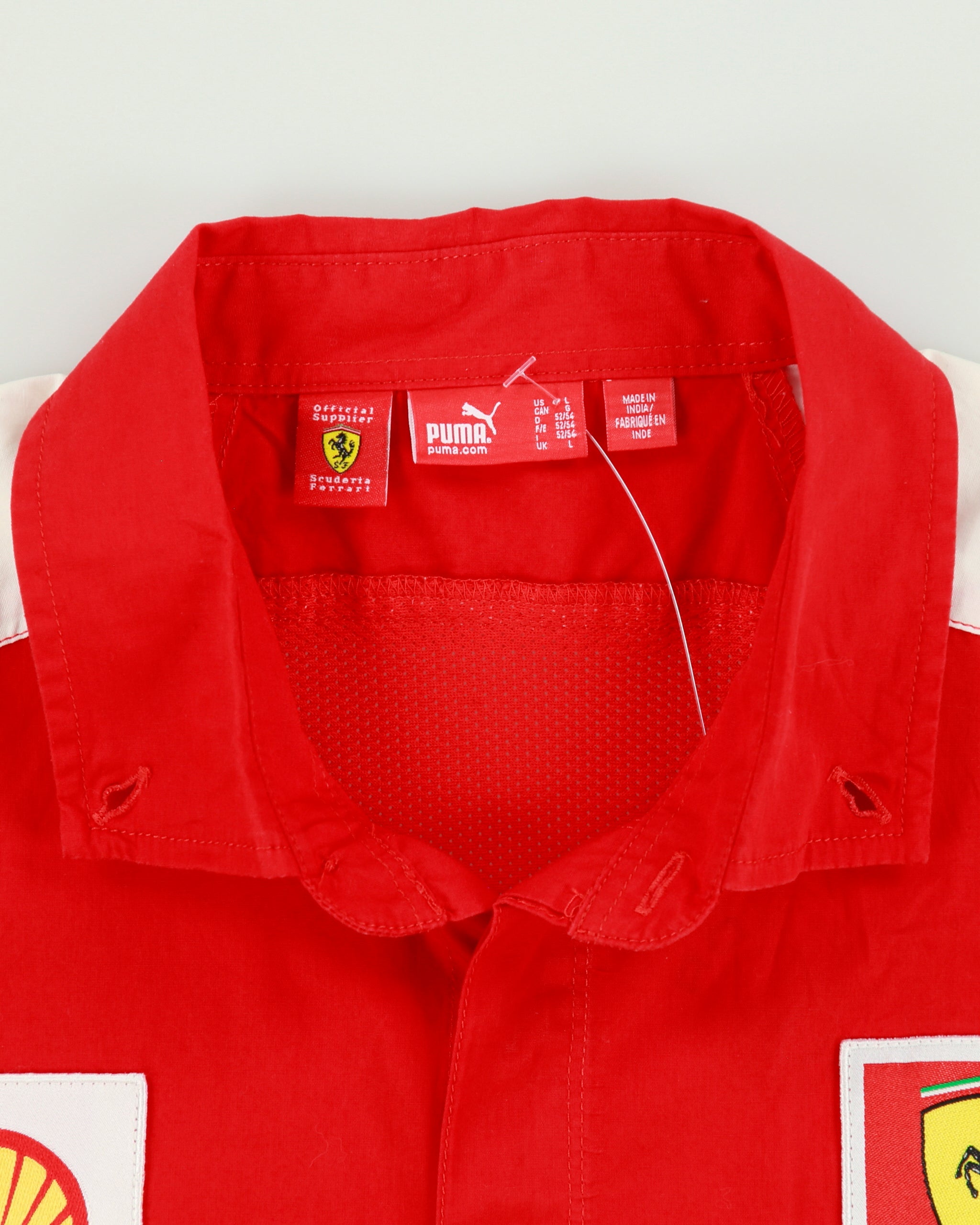 Vintage Puma Ferrari F1 Racing Embroidered Patch Short Sleeve Pit Crew Shirt - L