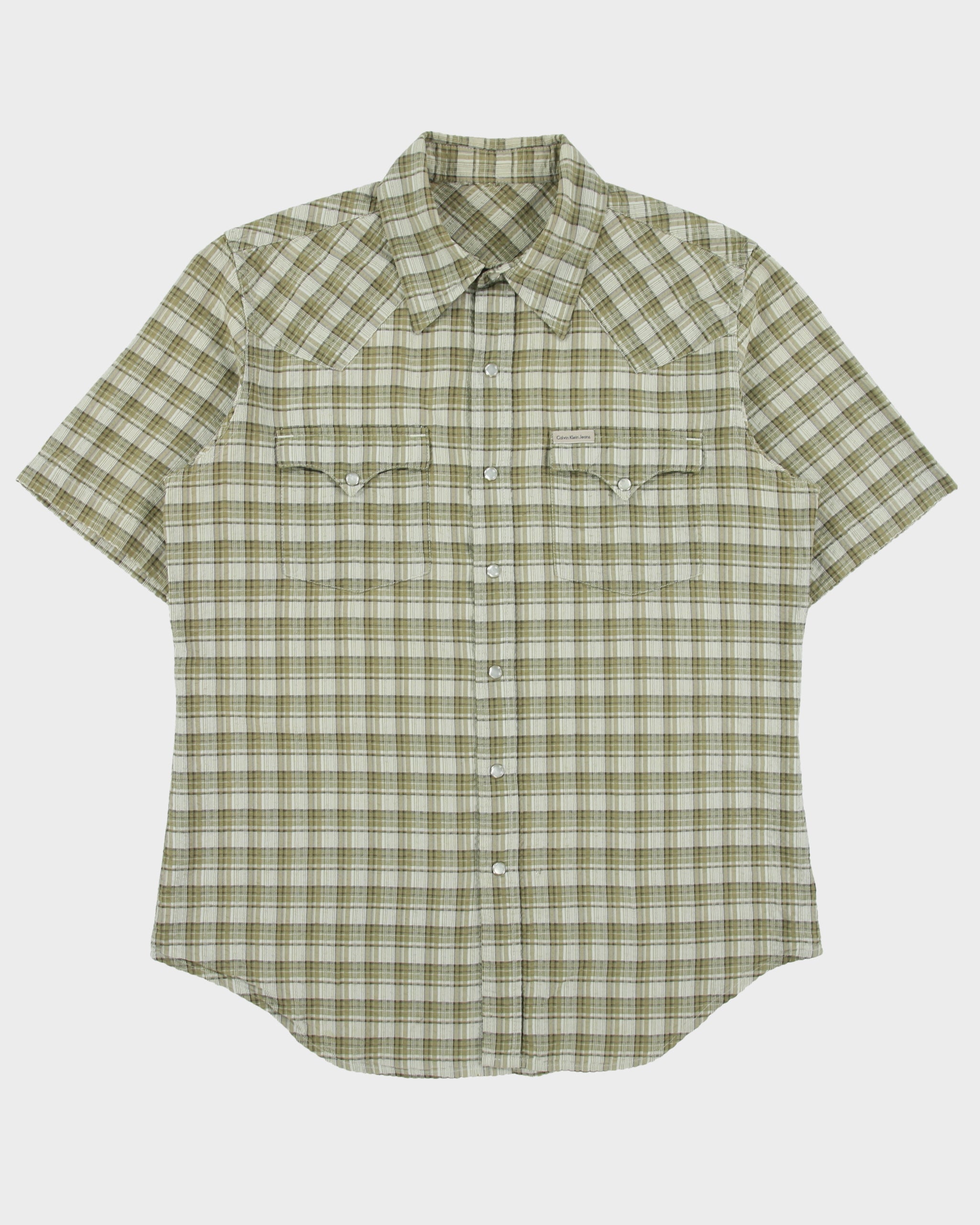 Vintage Y2K 00s Calvin Klein Jeans Plaid Pearl Snap Button Seersucker Short Sleeve Western Shirt - L