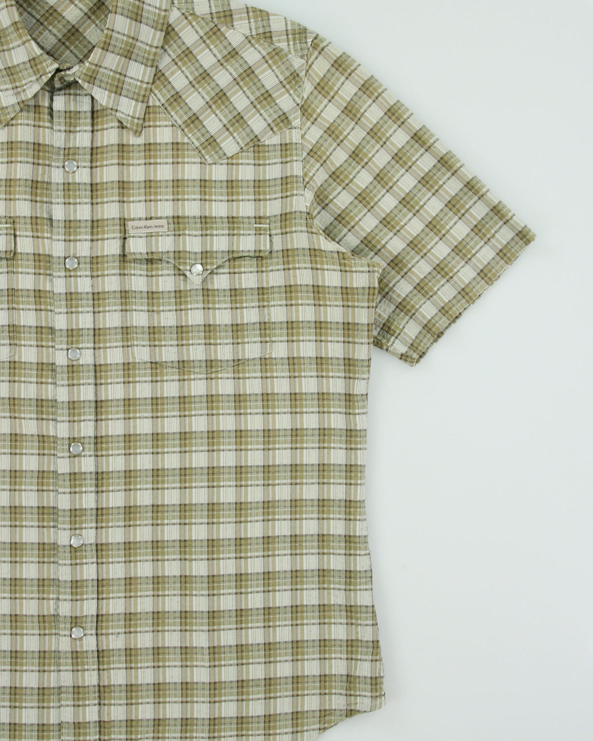 Vintage Y2K 00s Calvin Klein Jeans Plaid Pearl Snap Button Seersucker Short Sleeve Western Shirt - L