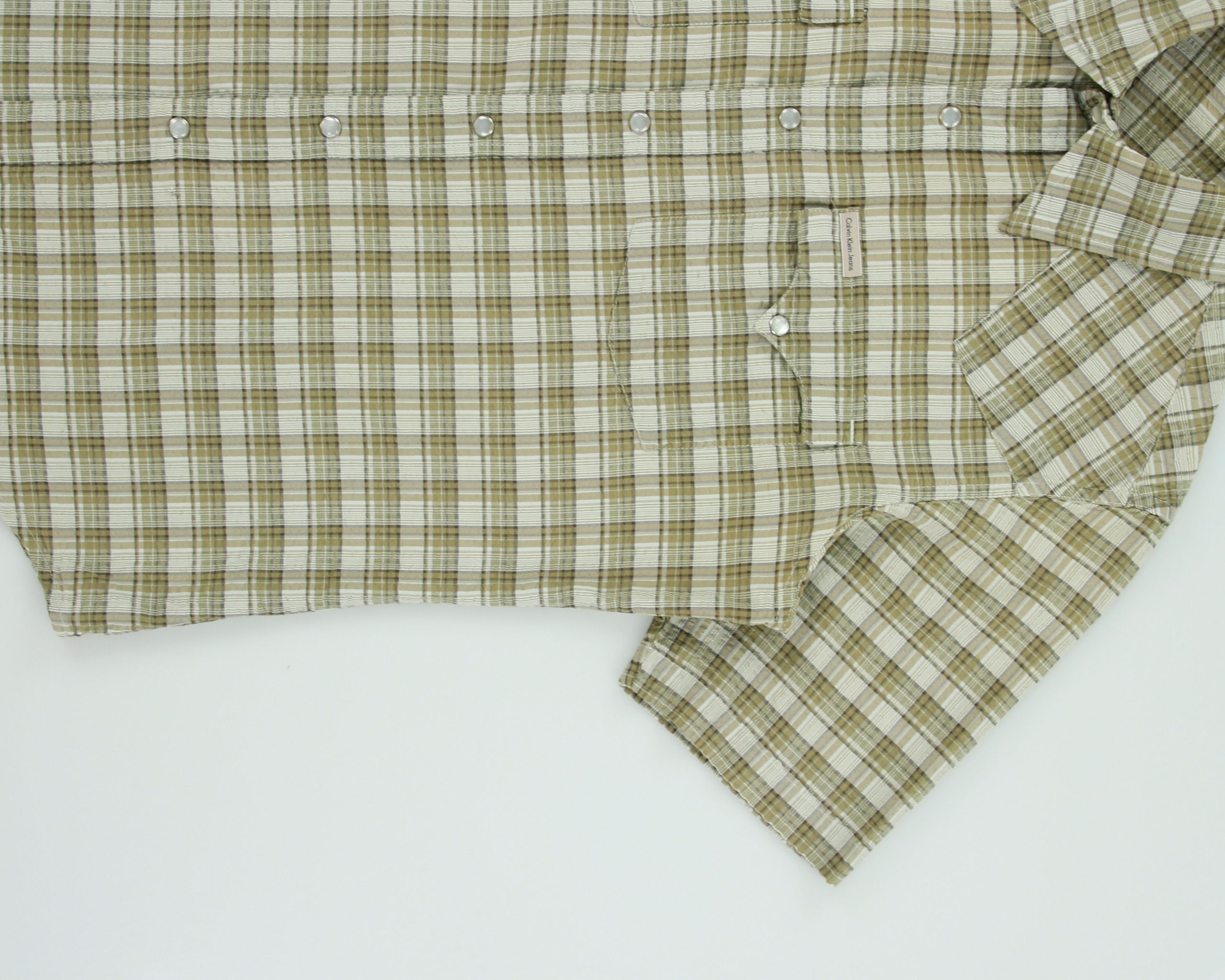 Vintage Y2K 00s Calvin Klein Jeans Plaid Pearl Snap Button Seersucker Short Sleeve Western Shirt - L