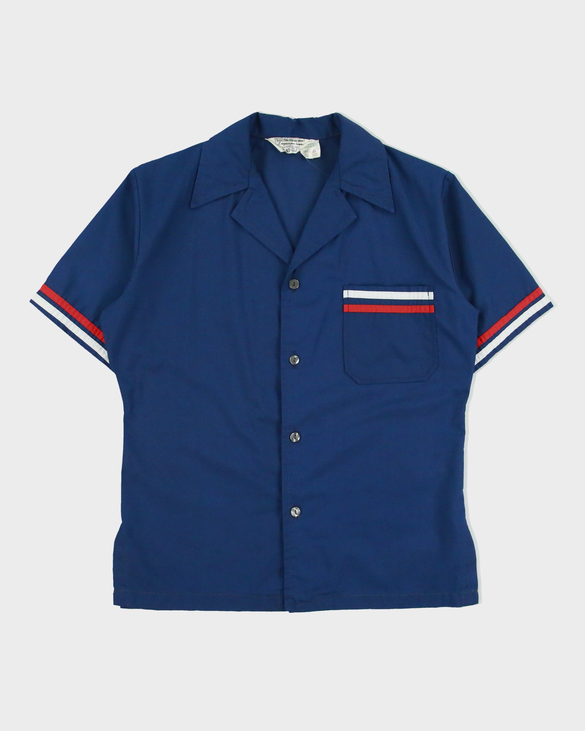 Vintage 1970s Sears Navy Striped Short Sleeve Camp Collar Utility Shirt - L