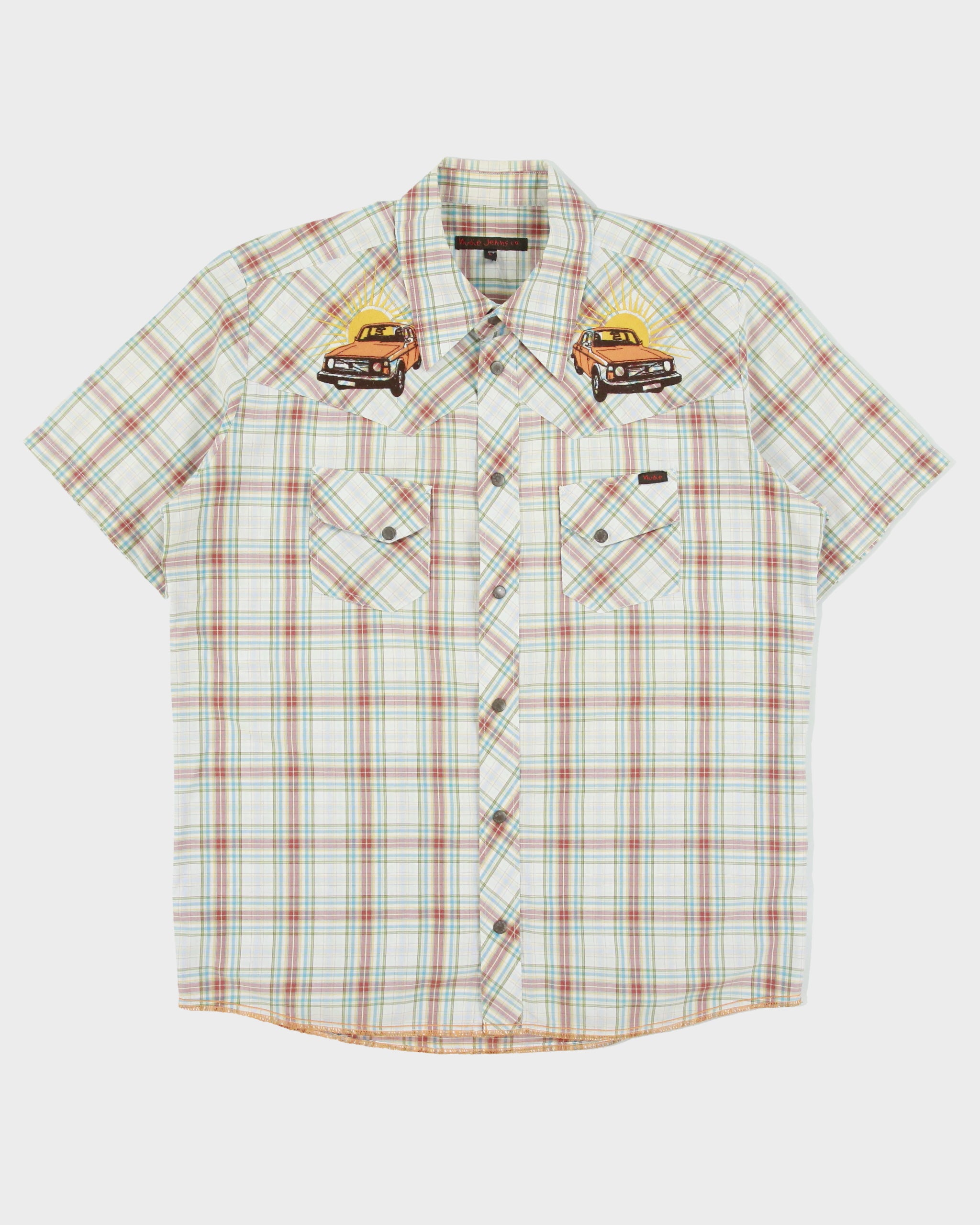 Vintage Nudie Jeans Plaid Embroidered Volvo 240 Snap Button Short Sleeve Western Shirt - L