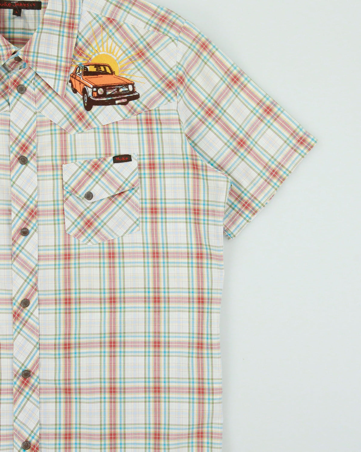 Vintage Nudie Jeans Plaid Embroidered Volvo 240 Snap Button Short Sleeve Western Shirt - L
