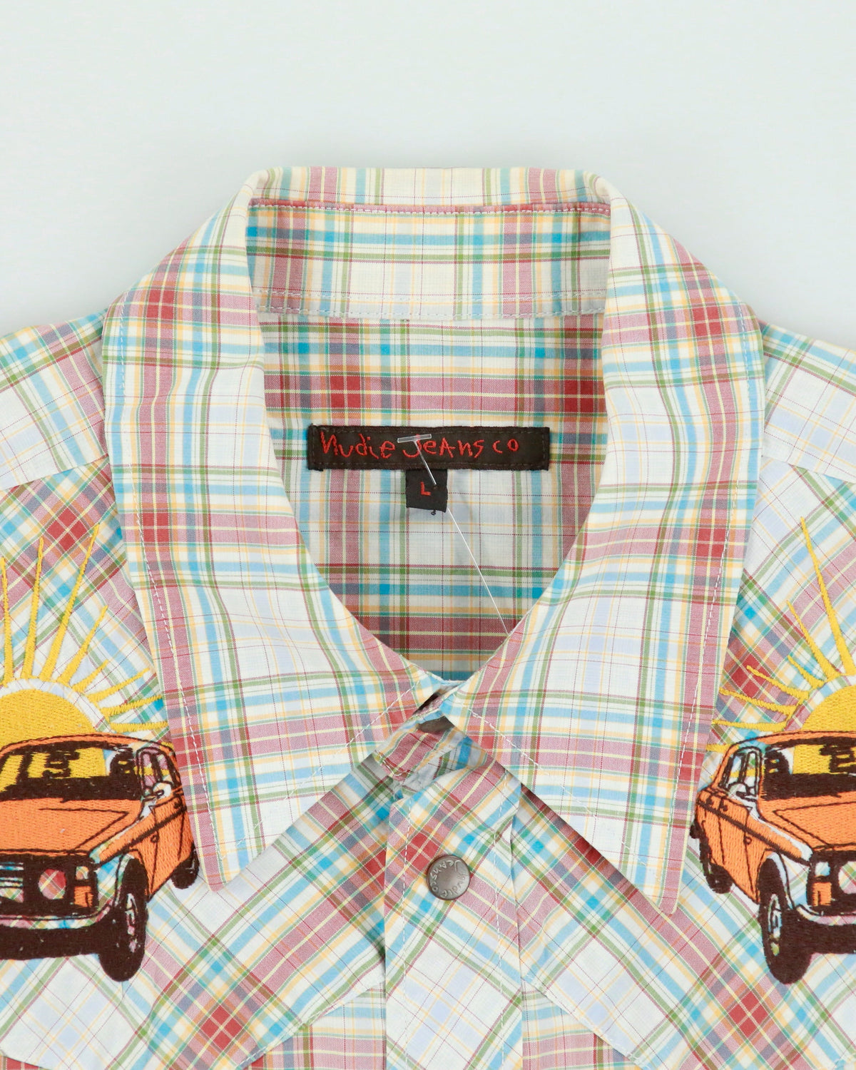 Vintage Nudie Jeans Plaid Embroidered Volvo 240 Snap Button Short Sleeve Western Shirt - L