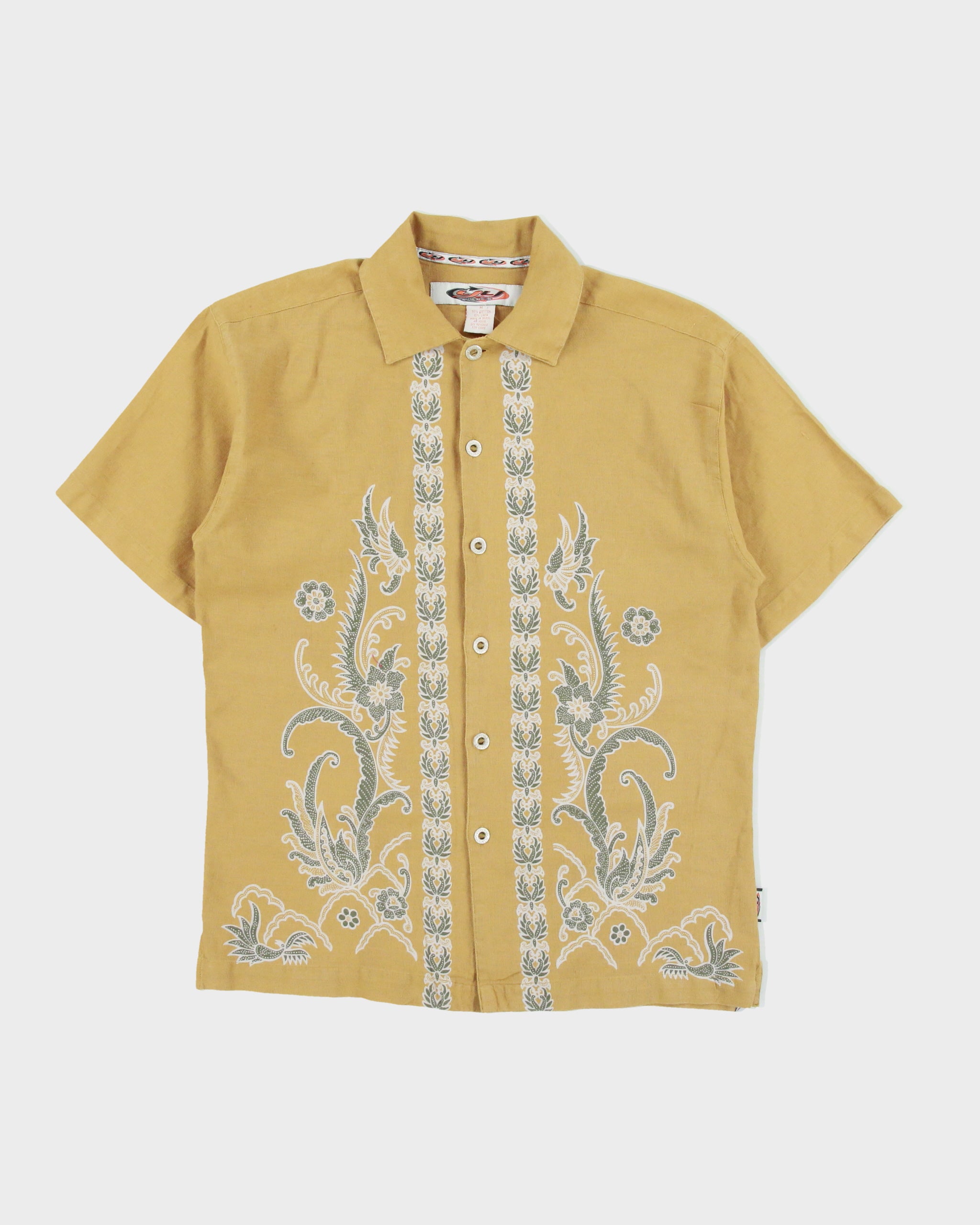 Vintage 1990s Ying Yang Floral Linen Blend Short Sleeve Hemp Shirt - M