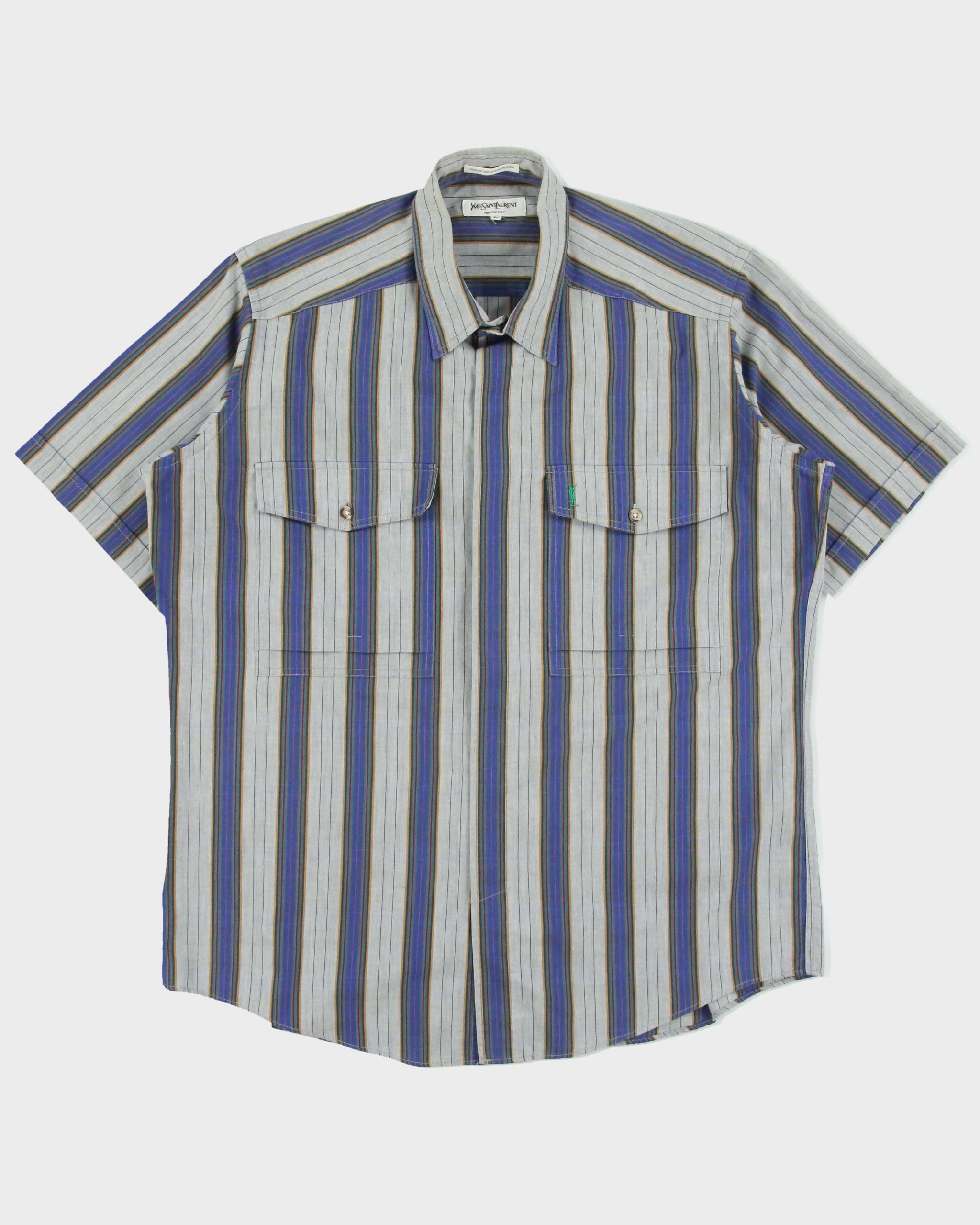 Vintage 1980s Yves Saint Laurent Striped Short Sleeve Flap Pocket Shirt - L