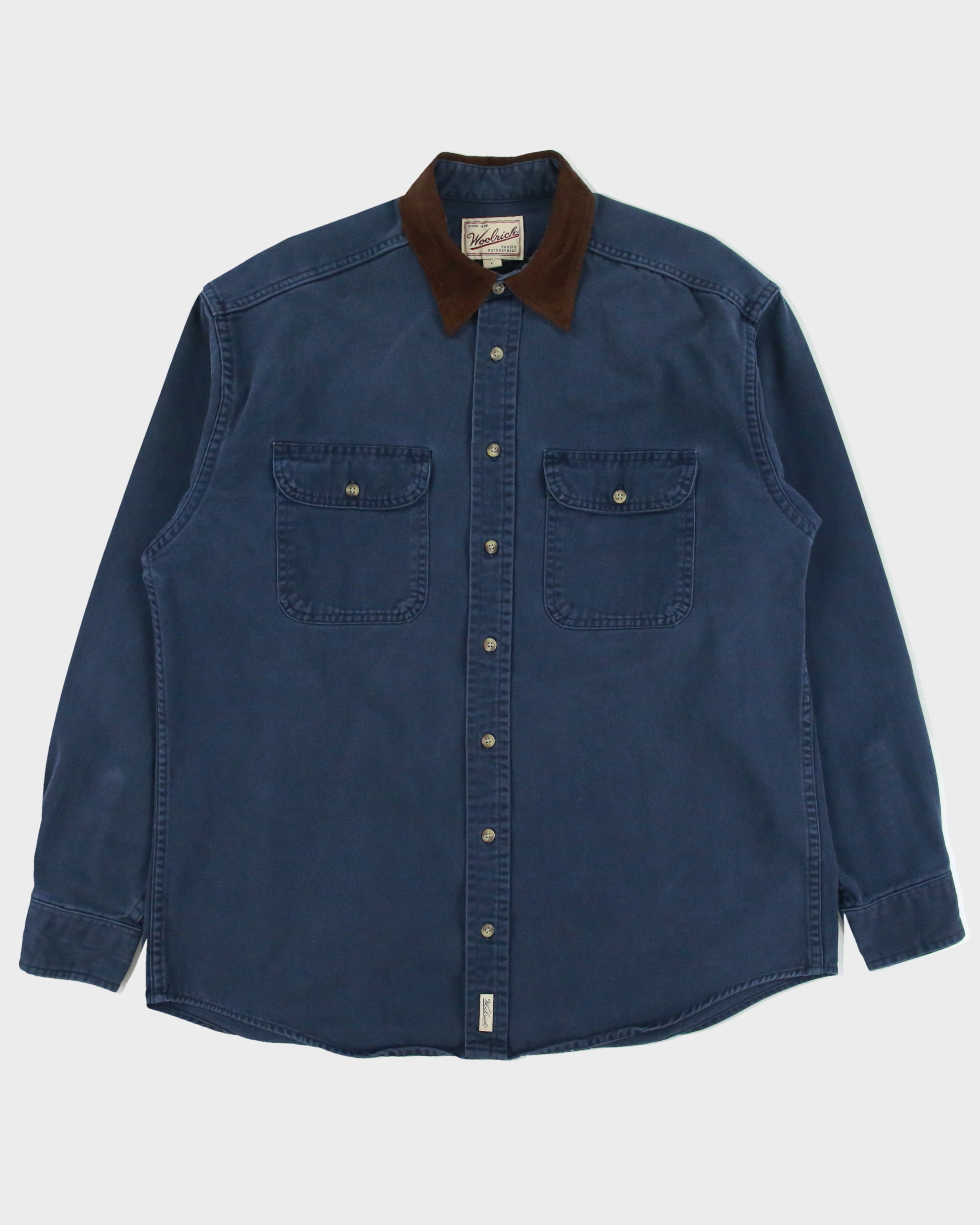 Vintage Y2K 00s Woolrich Navy Brushed Collar Long Sleeve Denim Shirt - L