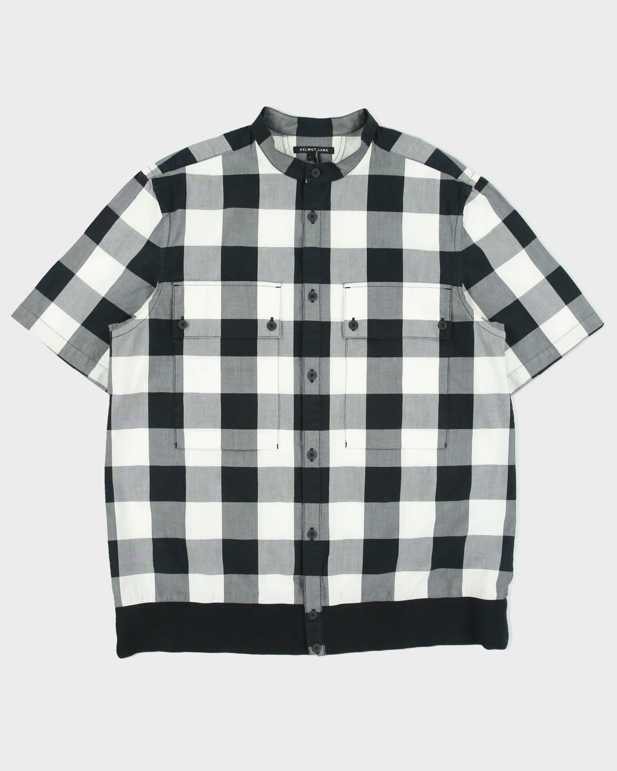 Helmut Lang Buffalo Plaid Ribbed Short Sleeve Grandad Collar Shirt - L