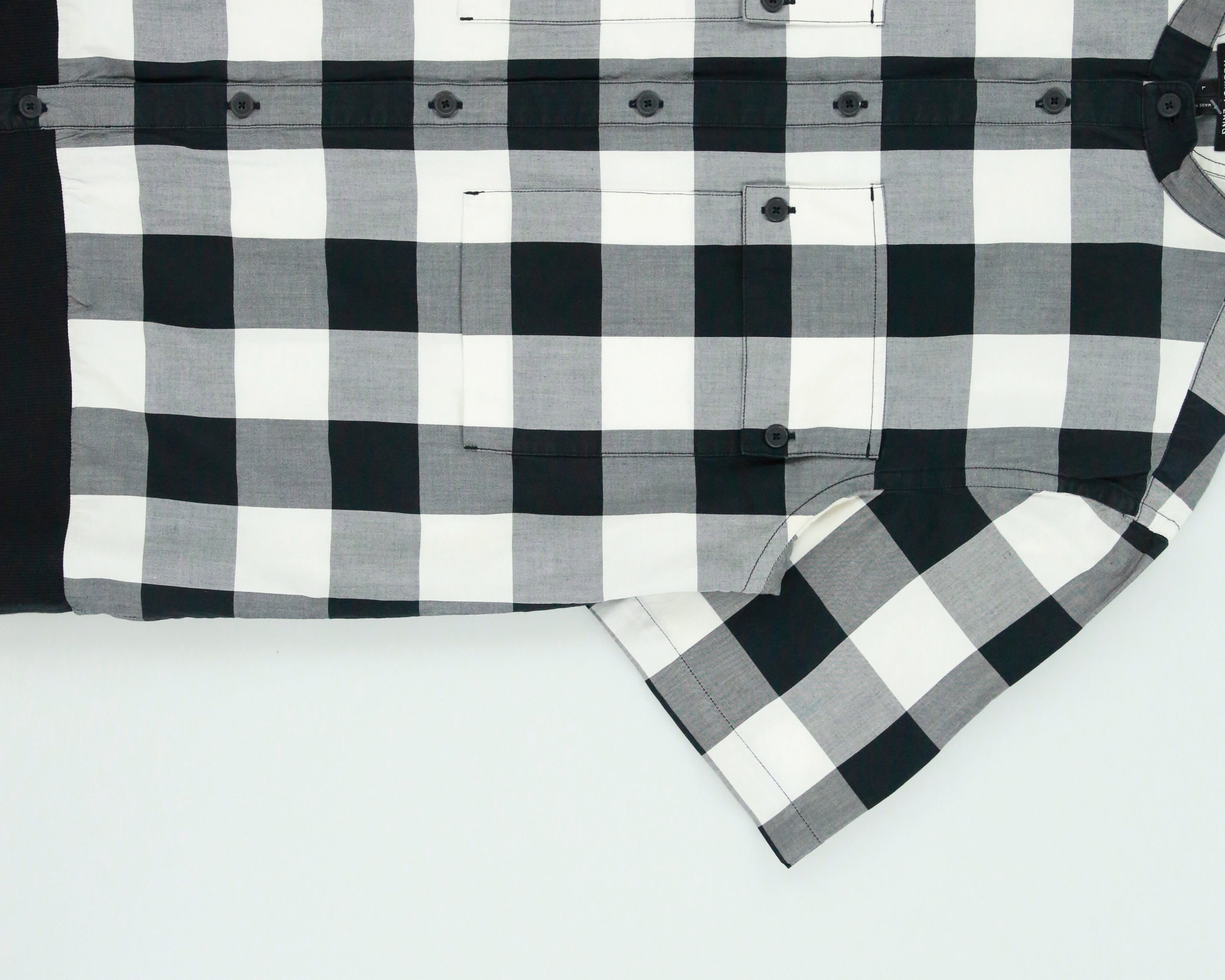Helmut Lang Buffalo Plaid Ribbed Short Sleeve Grandad Collar Shirt - L