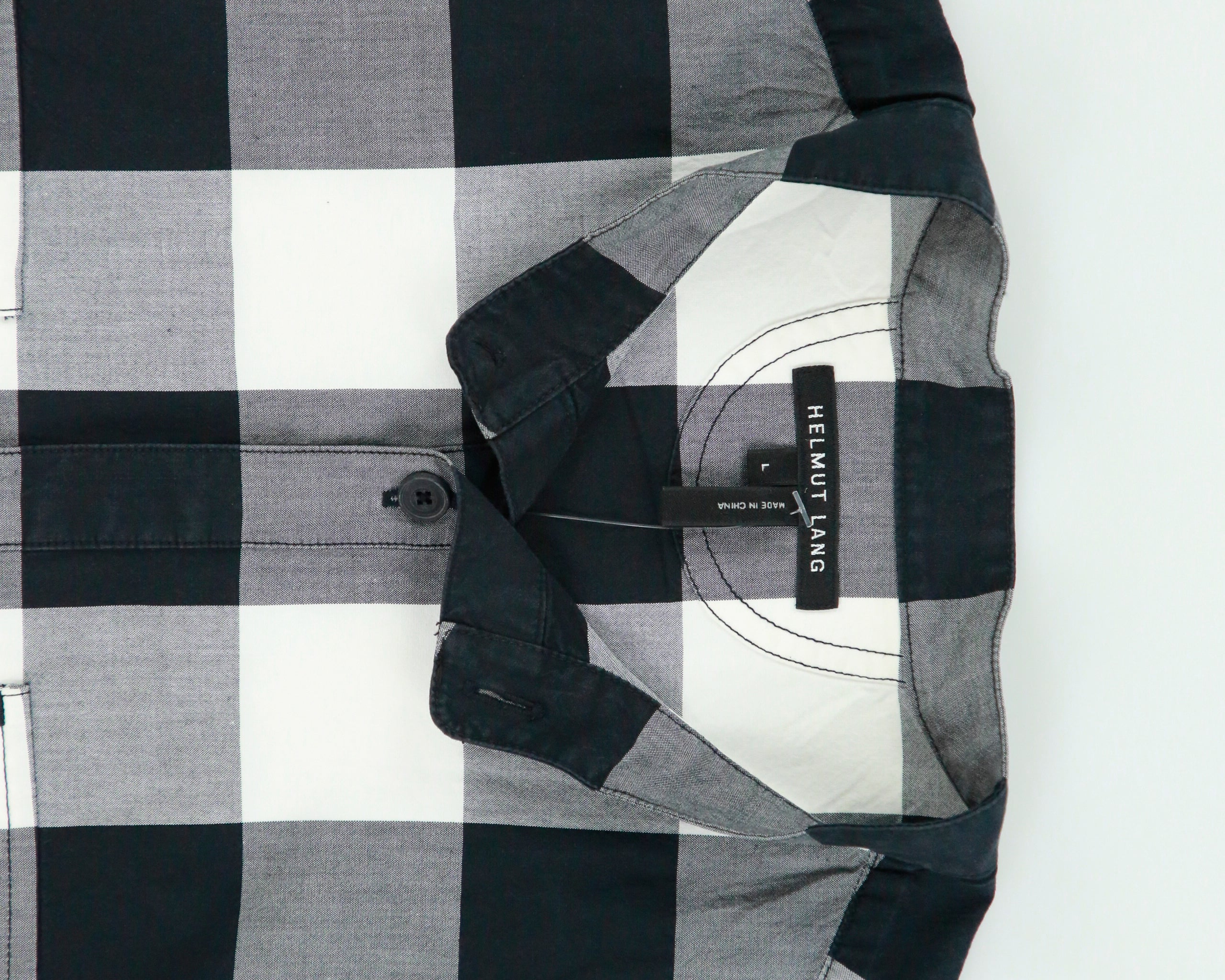 Helmut Lang Buffalo Plaid Ribbed Short Sleeve Grandad Collar Shirt - L