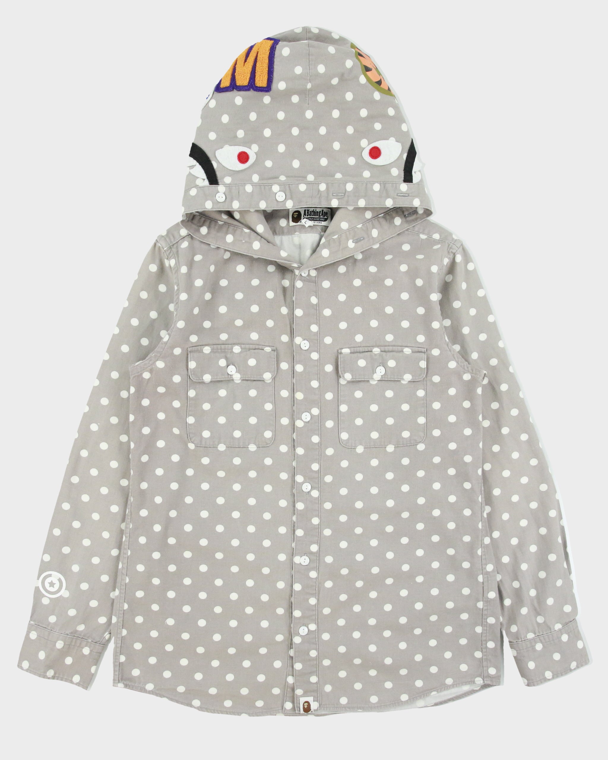 2018 A Bathing Ape Polkadot Shark Long Sleeve Hooded Denim Shirt - L