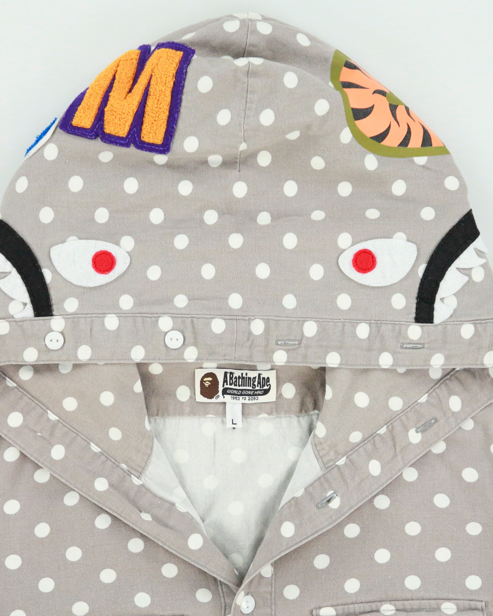 2018 A Bathing Ape Polkadot Shark Long Sleeve Hooded Denim Shirt - L