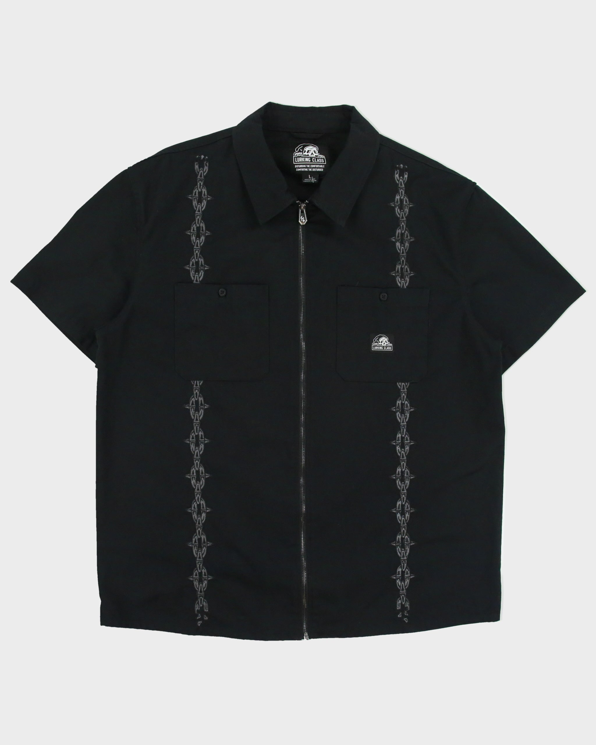 Lurking Class Chain Embroidered Canvas Short Sleeve Zip Utility Shirt - L