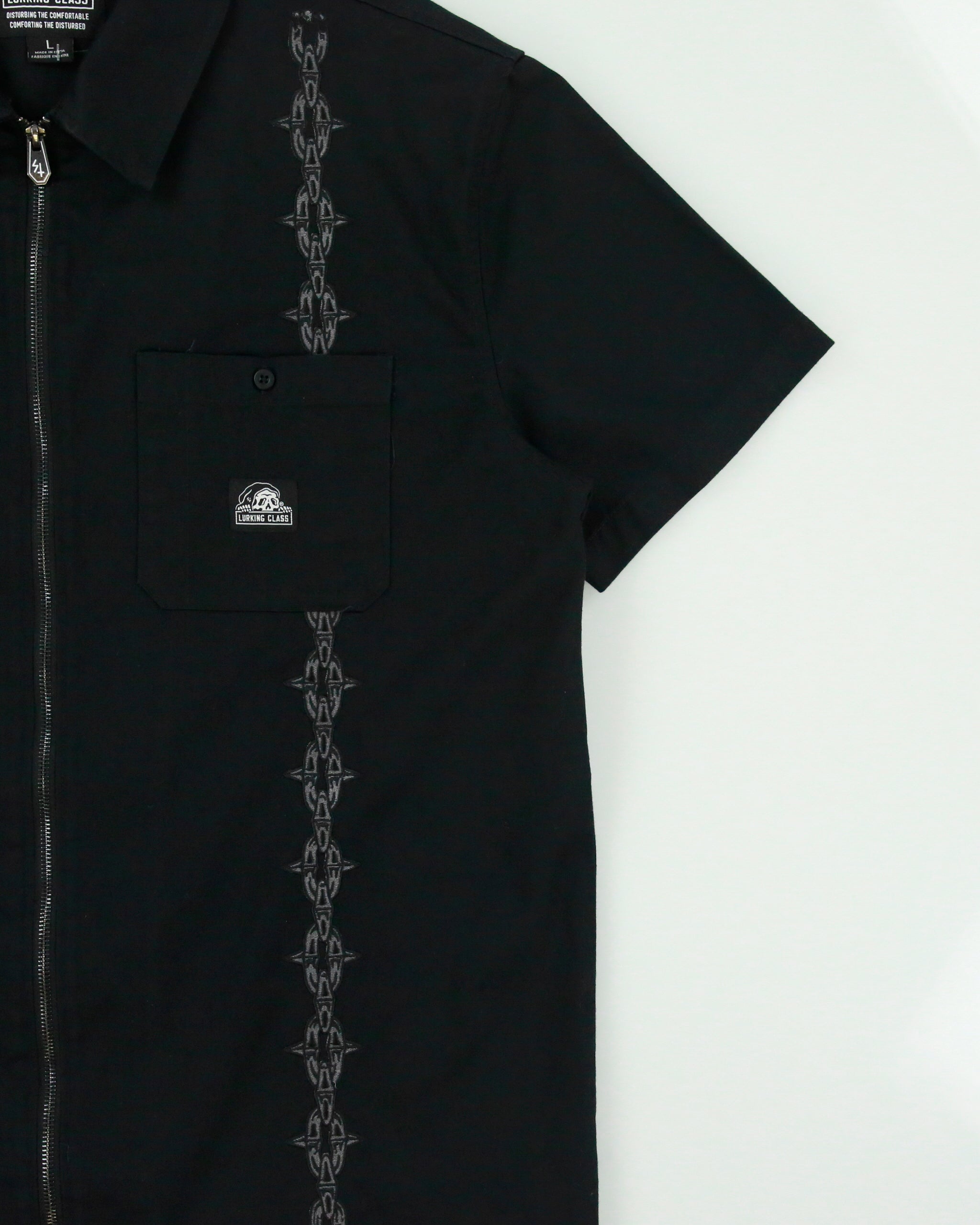 Lurking Class Chain Embroidered Canvas Short Sleeve Zip Utility Shirt - L