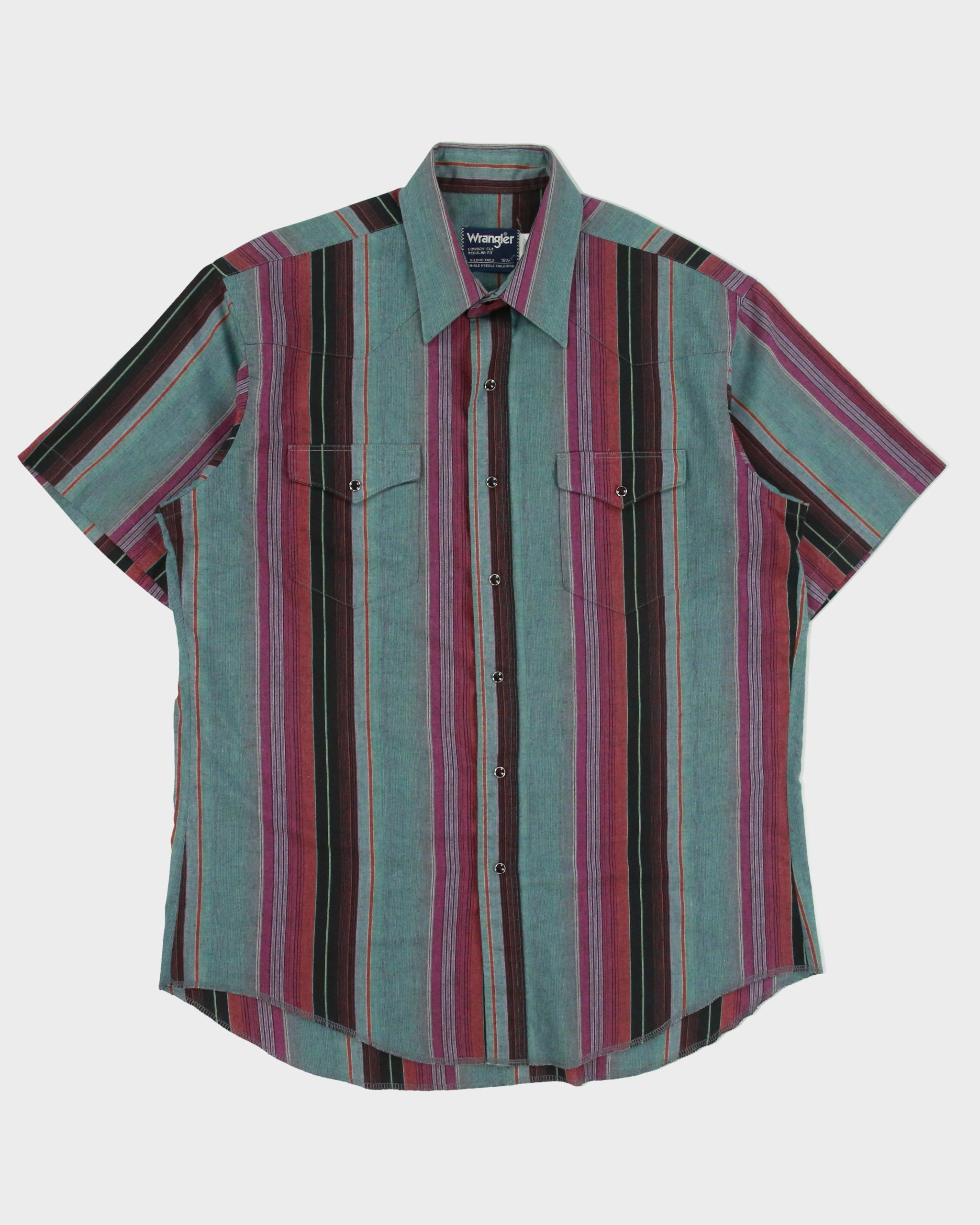 Vintage 1980s Wrangler Striped Snap Button Cowboy Cut Regular Fit Made In USA Short Sleeve Western Shirt - L
