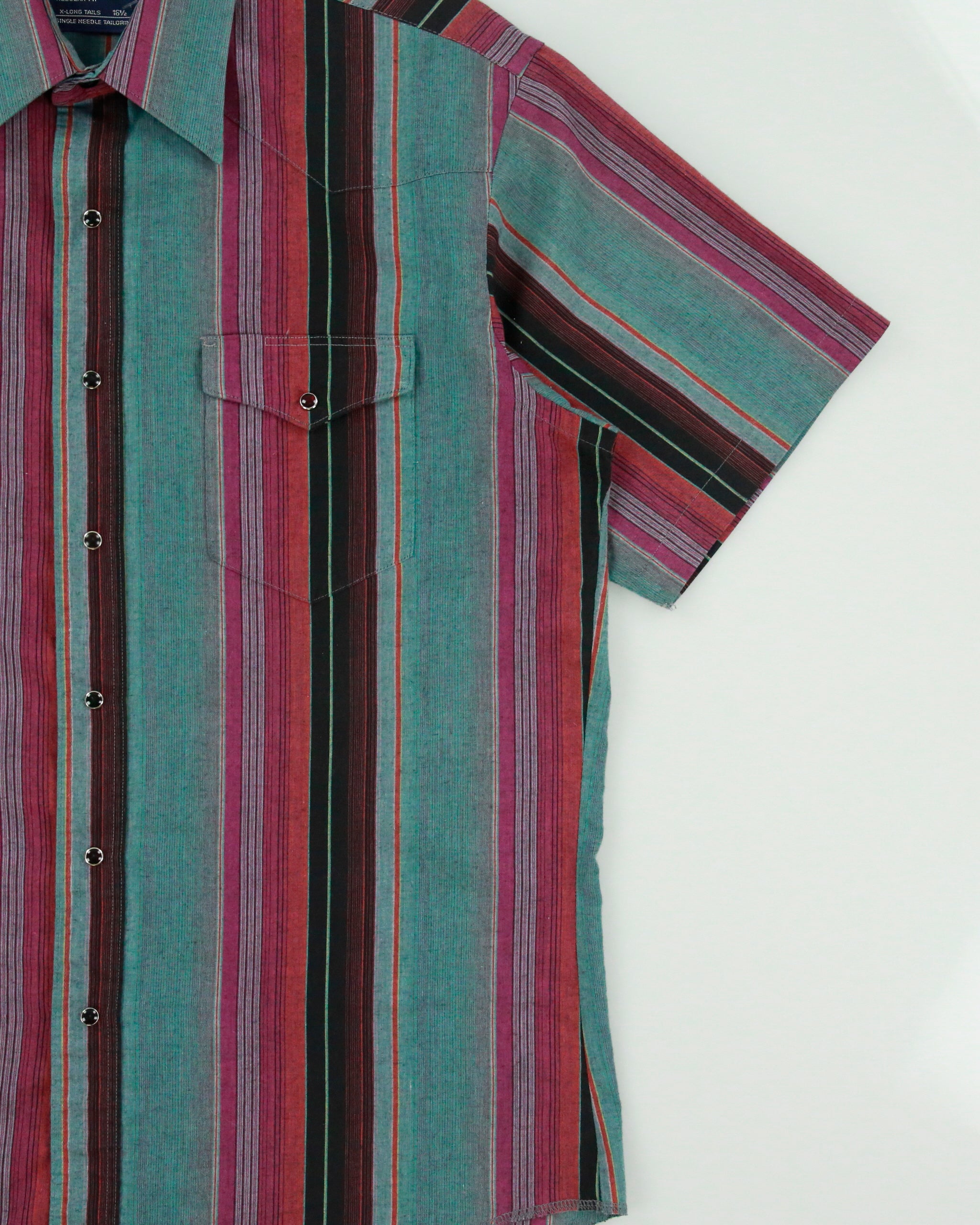 Vintage 1980s Wrangler Striped Snap Button Cowboy Cut Regular Fit Made In USA Short Sleeve Western Shirt - L