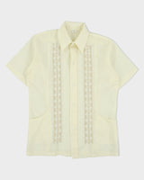Vintage 1970s Cream Woven Lace Striped Short Sleeve Sheer Shirt - M