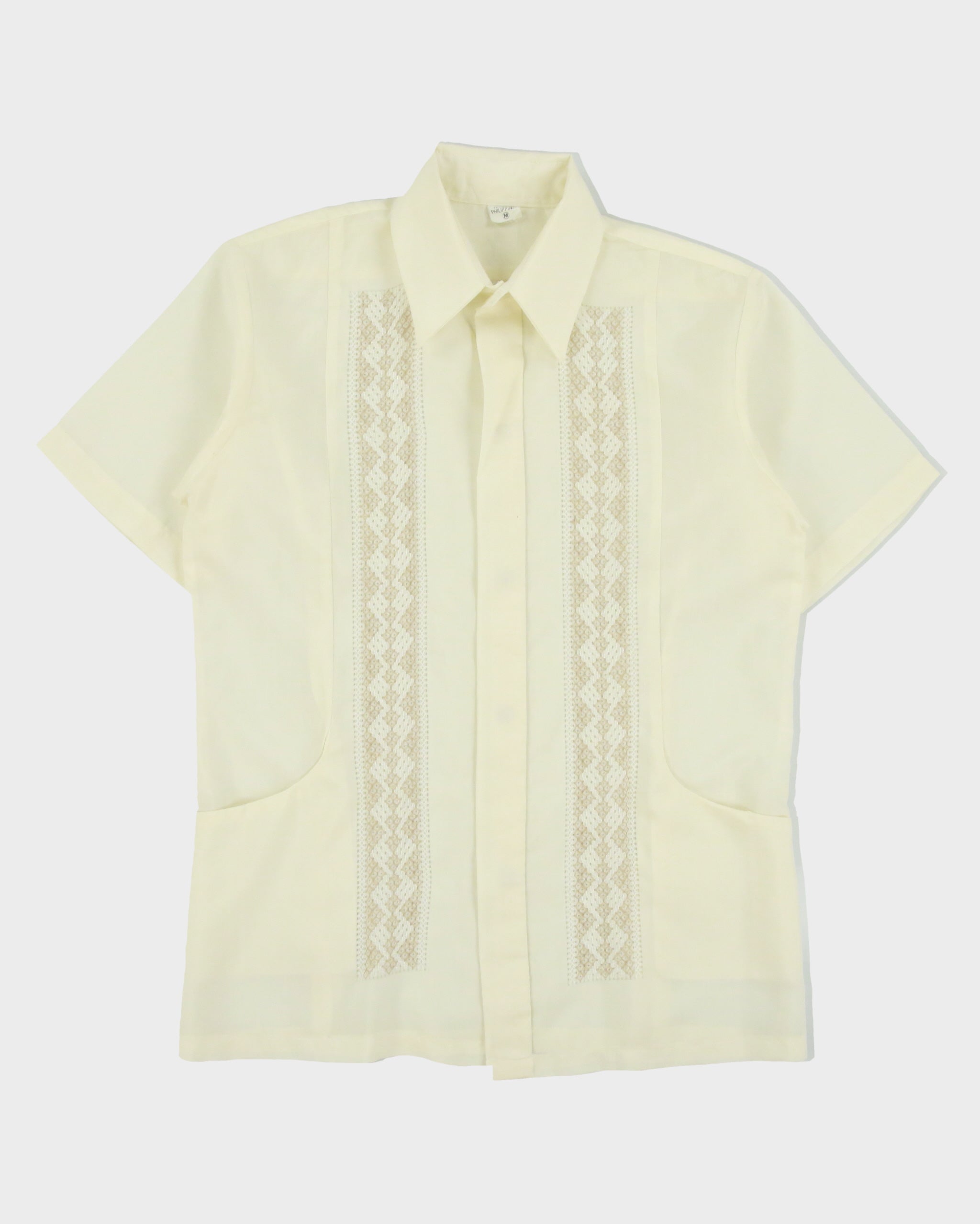 Vintage 1970s Cream Woven Lace Striped Short Sleeve Sheer Shirt - M