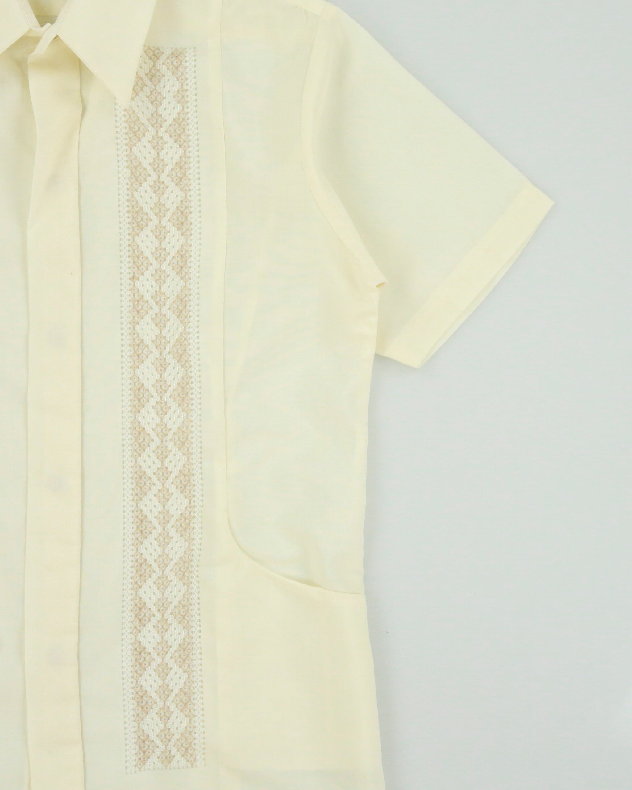 Vintage 1970s Cream Woven Lace Striped Short Sleeve Sheer Shirt - M